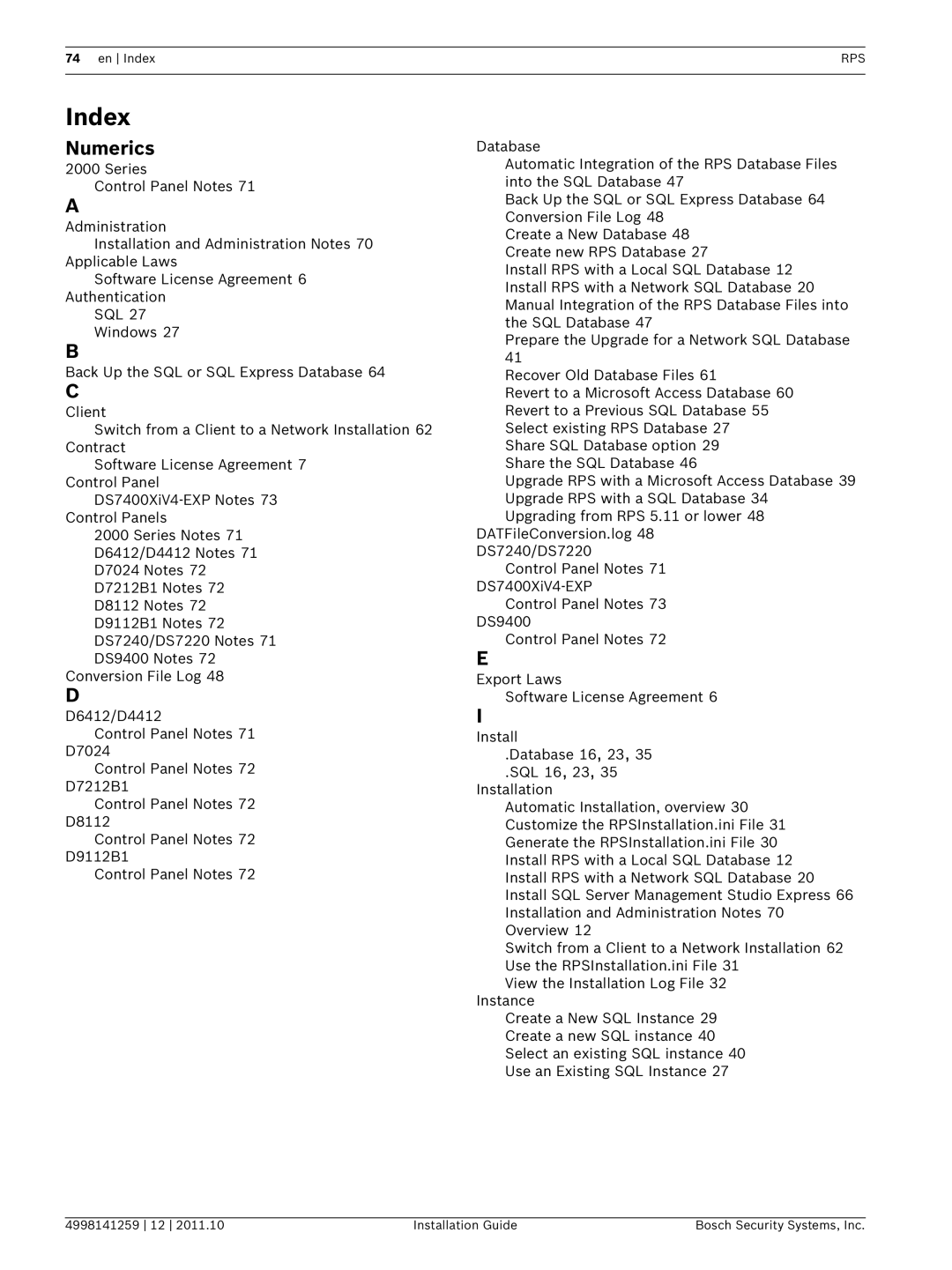 Bosch Appliances D5500CU manual Index, Numerics 