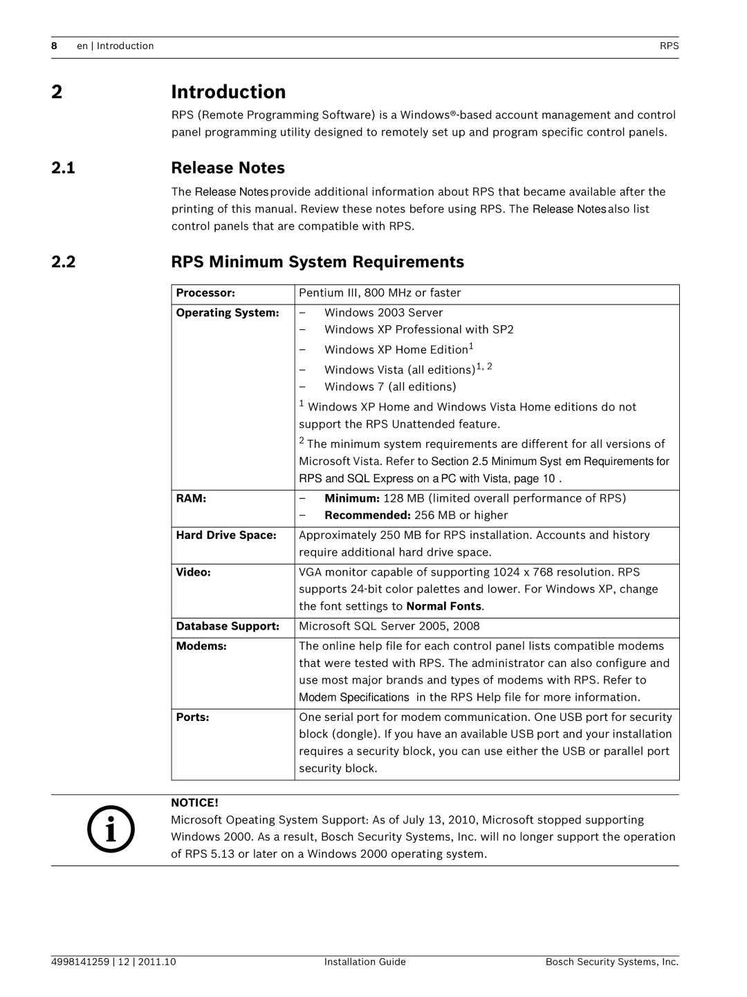 Bosch Appliances D5500CU manual Introduction, Release Notes, RPS Minimum System Requirements 