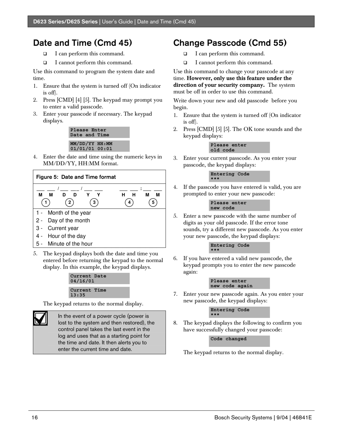 Bosch Appliances manual Change Passcode Cmd, D623 Series/D625 Series Users Guide Date and Time Cmd 