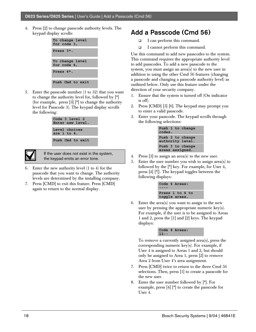 Bosch Appliances manual D623 Series/D625 Series Users Guide Add a Passcode Cmd 