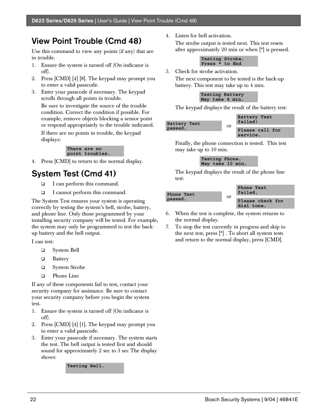 Bosch Appliances manual System Test Cmd, D623 Series/D625 Series Users Guide View Point Trouble Cmd 