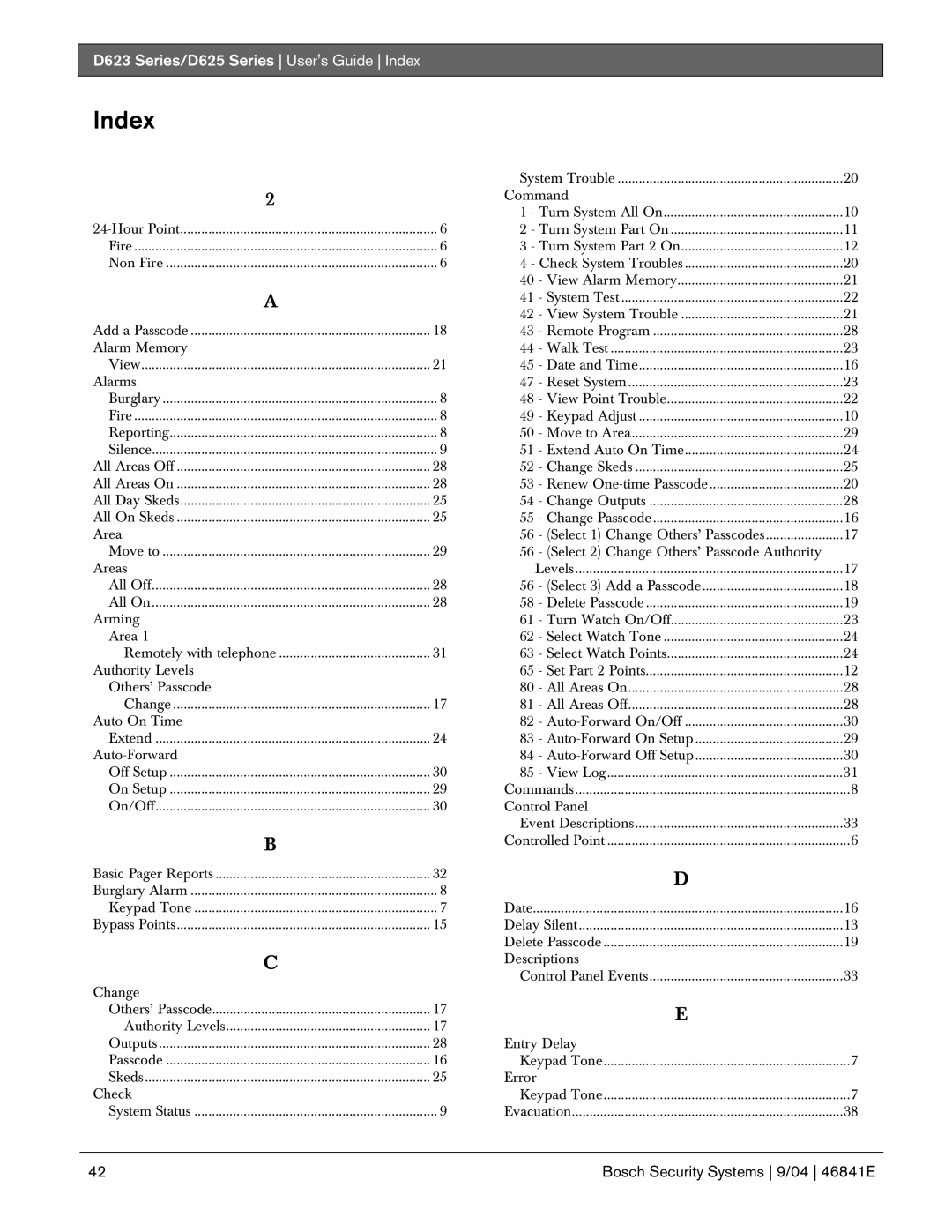 Bosch Appliances manual D623 Series/D625 Series Users Guide Index 