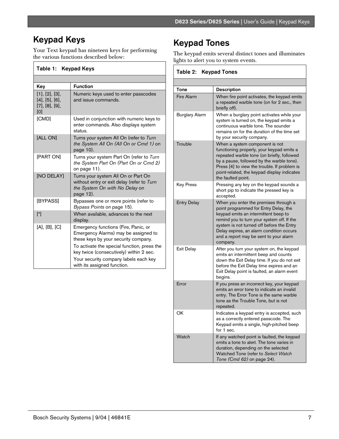 Bosch Appliances manual Keypad Tones, D623 Series/D625 Series Users Guide Keypad Keys 