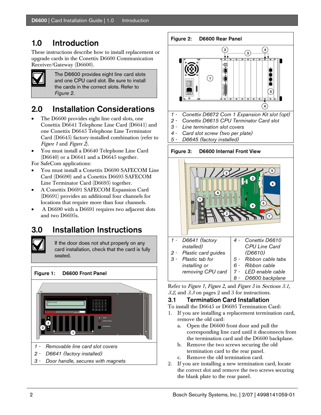 Bosch Appliances D6600 manual Introduction, Termination Card Installation 