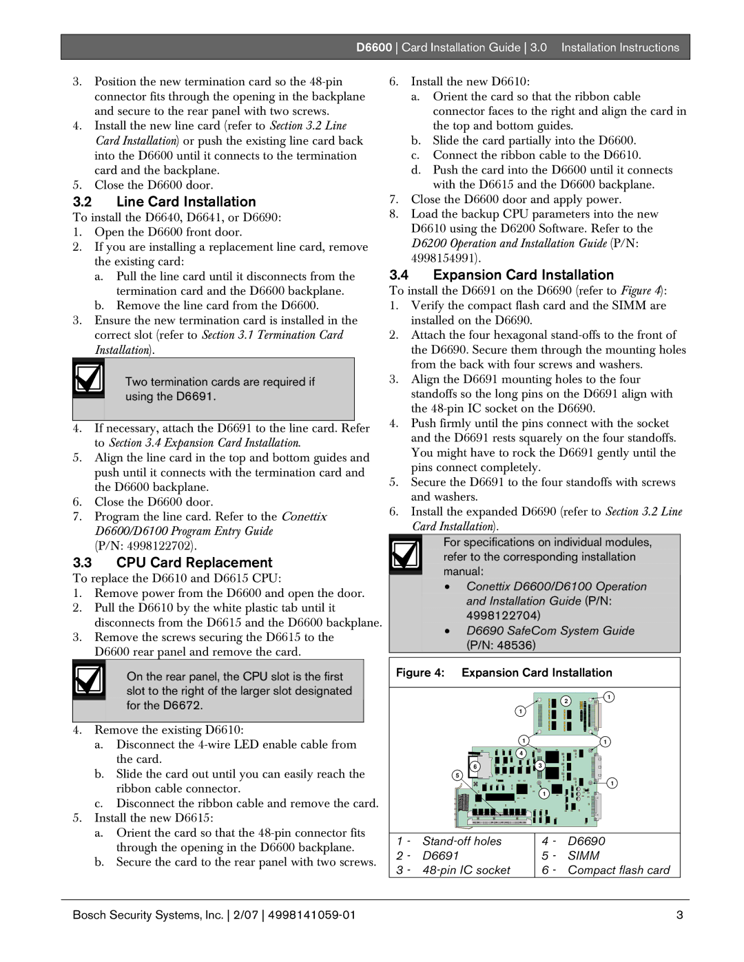 Bosch Appliances D6600 manual Line Card Installation, CPU Card Replacement, Expansion Card Installation 