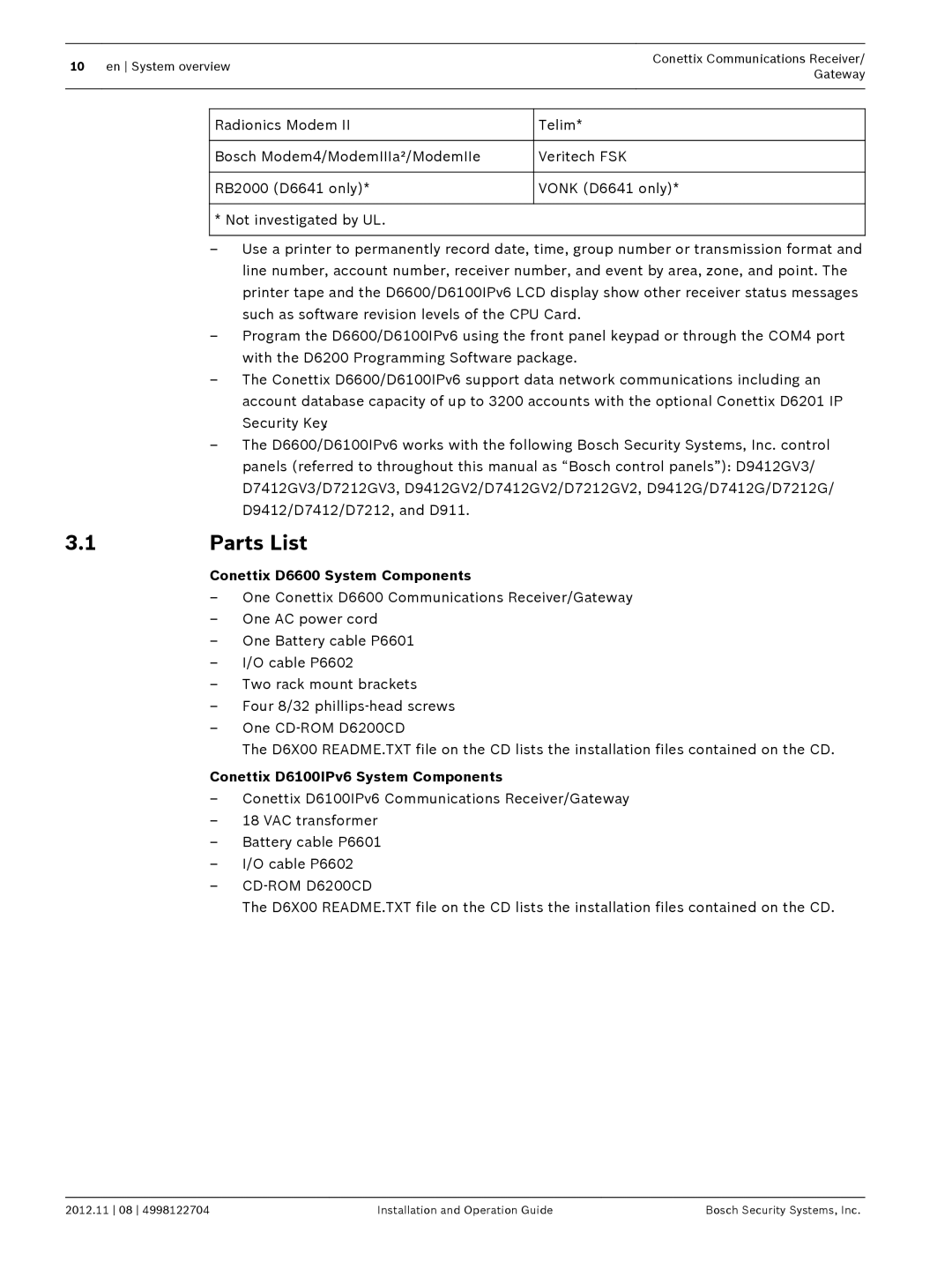 Bosch Appliances Parts List, Conettix D6600 System Components, Conettix D6100IPv6 System Components 