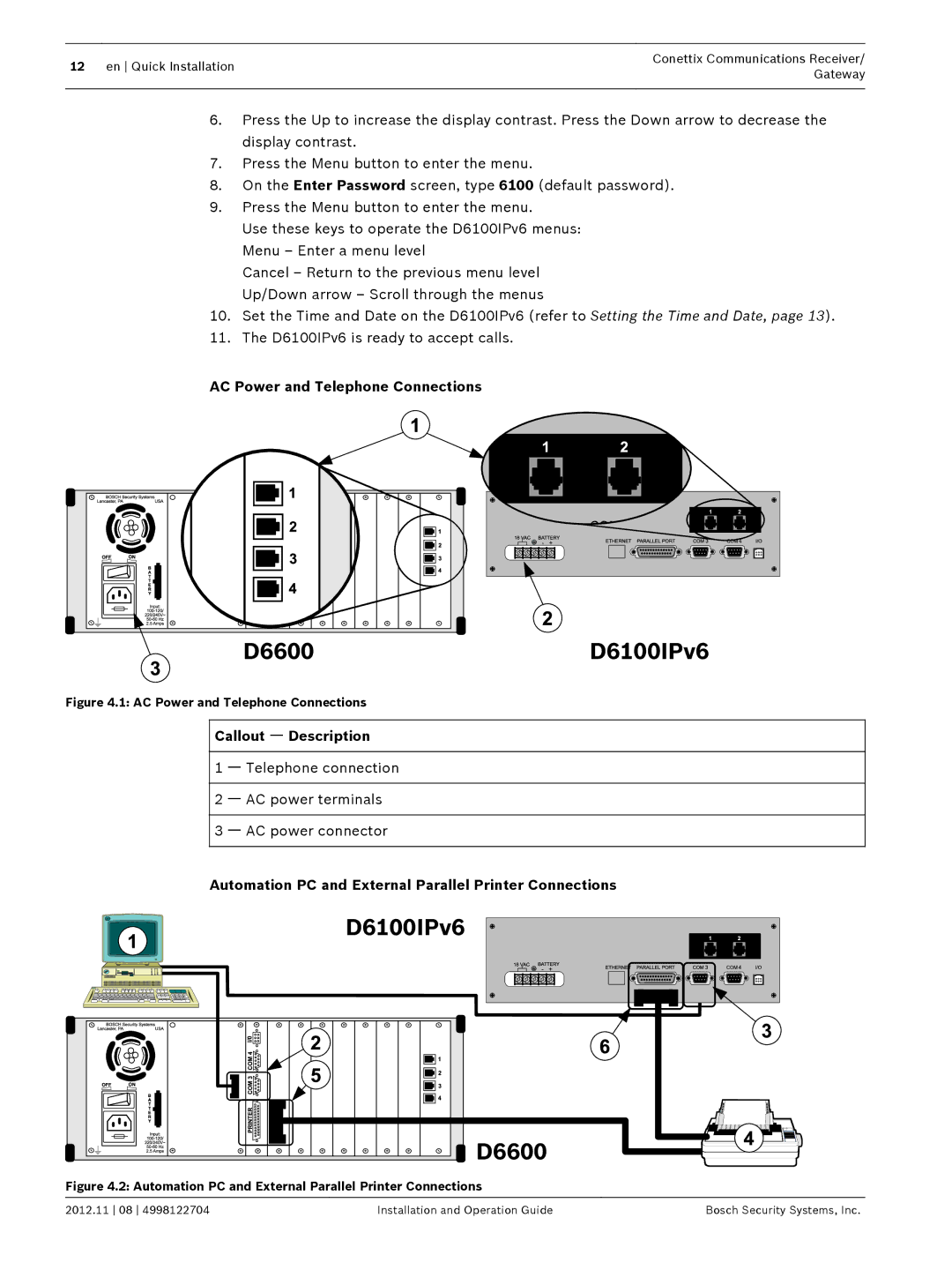 Bosch Appliances D6600 installation and operation guide AC Power and Telephone Connections, Callout ᅳ Description 