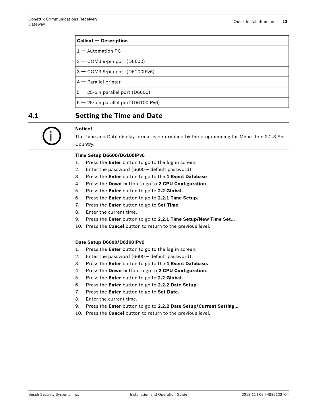 Bosch Appliances Setting the Time and Date, Time Setup D6600/D6100IPv6, Date Setup D6600/D6100IPv6 