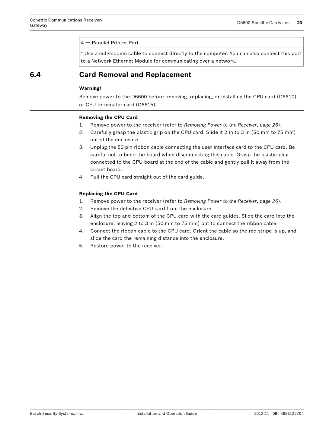 Bosch Appliances D6600 Card Removal and Replacement, Removing the CPU Card, Replacing the CPU Card 