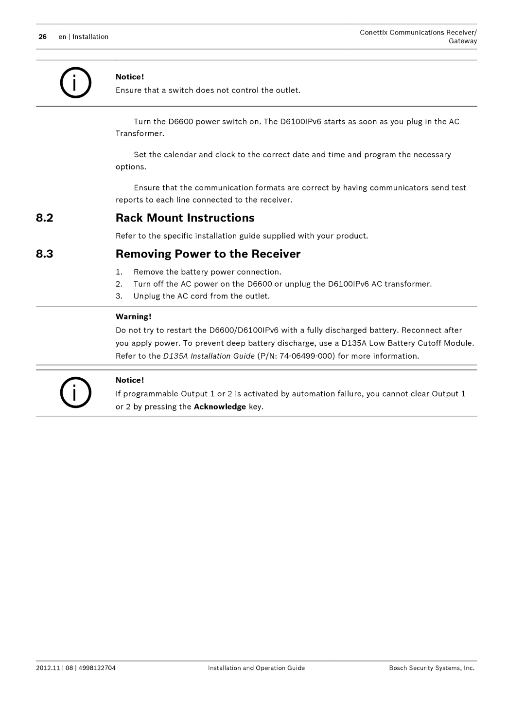 Bosch Appliances D6600 installation and operation guide Rack Mount Instructions, Removing Power to the Receiver 