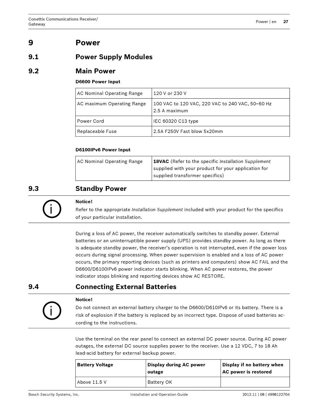 Bosch Appliances D6600 Power Supply Modules Main Power, Standby Power, Connecting External Batteries 