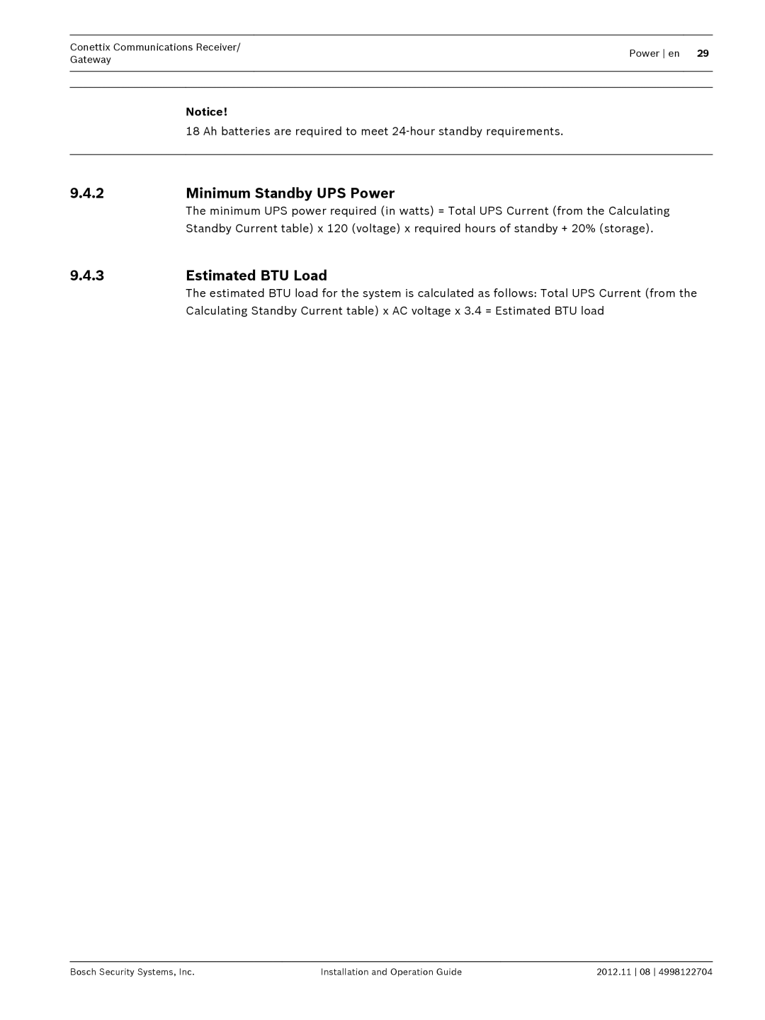 Bosch Appliances D6600 installation and operation guide Minimum Standby UPS Power, Estimated BTU Load 