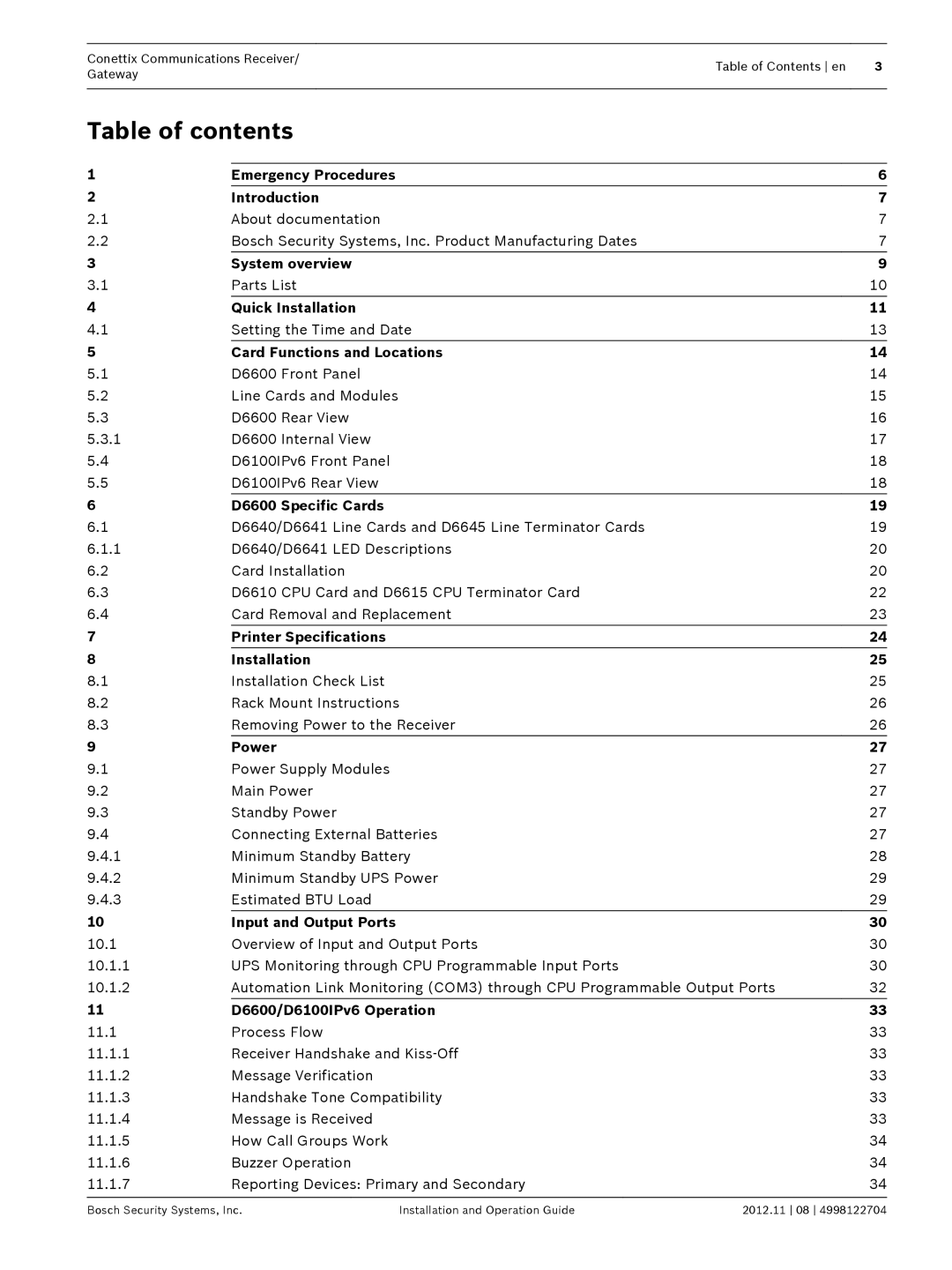 Bosch Appliances D6600 installation and operation guide Table of contents 