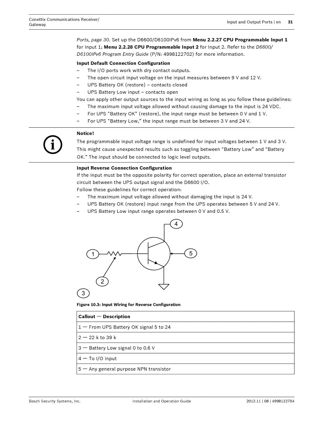 Bosch Appliances D6600 Input Default Connection Configuration, Input Reverse Connection Configuration 