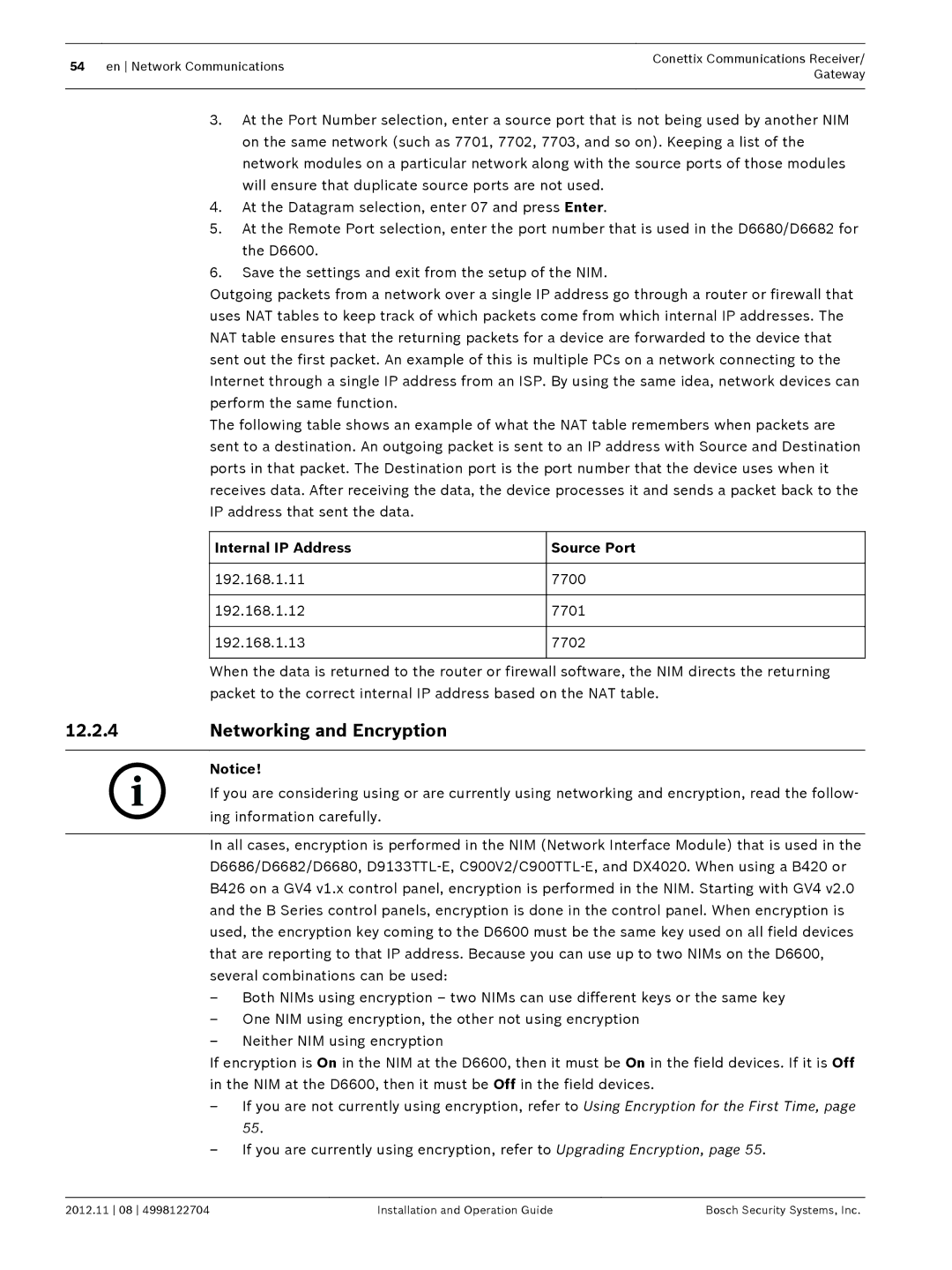 Bosch Appliances D6600 installation and operation guide Networking and Encryption, Internal IP Address Source Port 