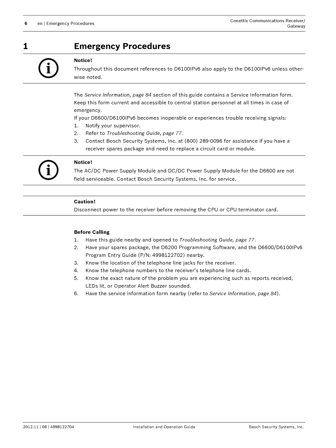 Bosch Appliances D6600 installation and operation guide Emergency Procedures, Before Calling 