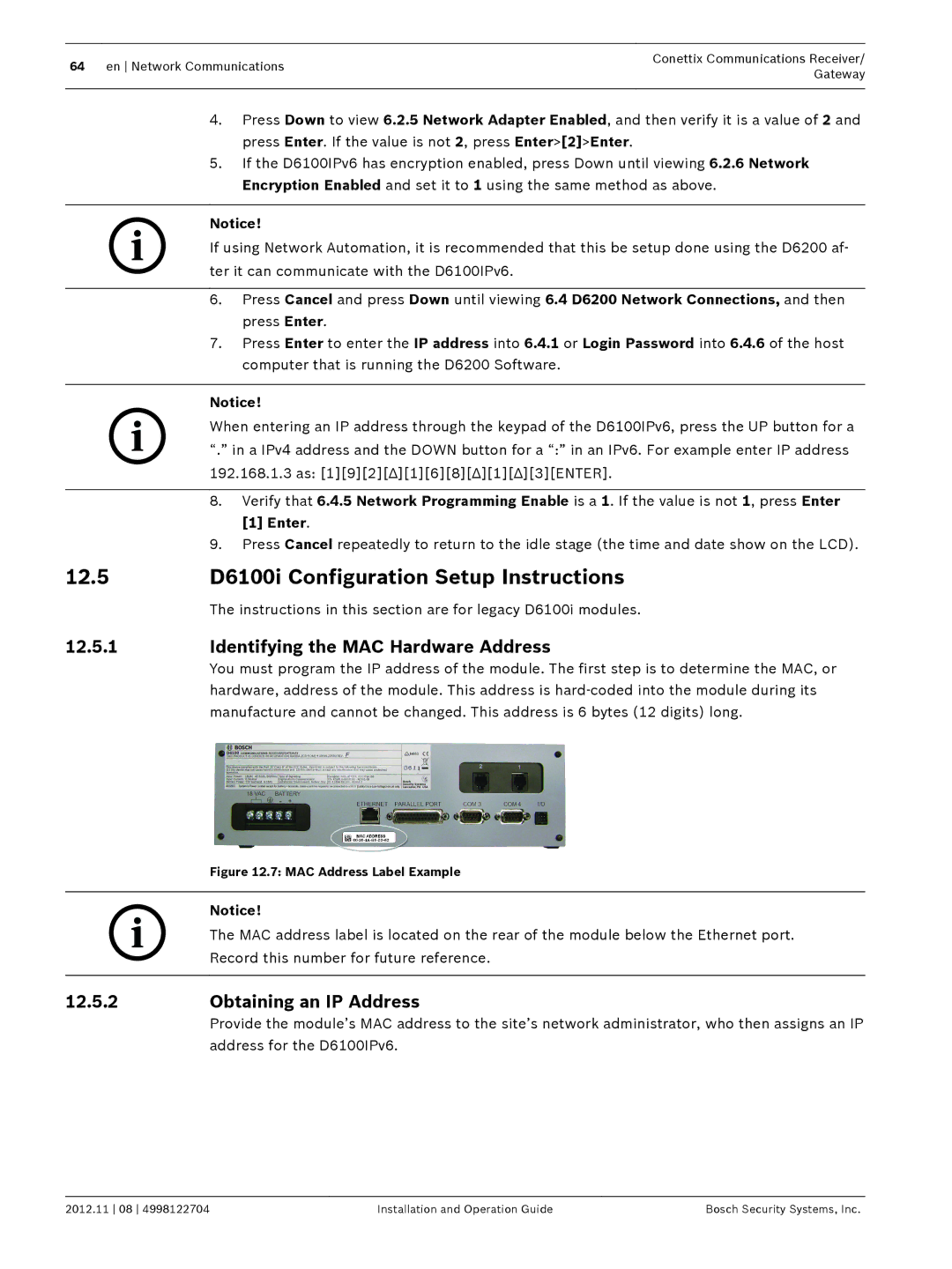 Bosch Appliances D6600 12.5 D6100i Configuration Setup Instructions, Identifying the MAC Hardware Address, Enter 