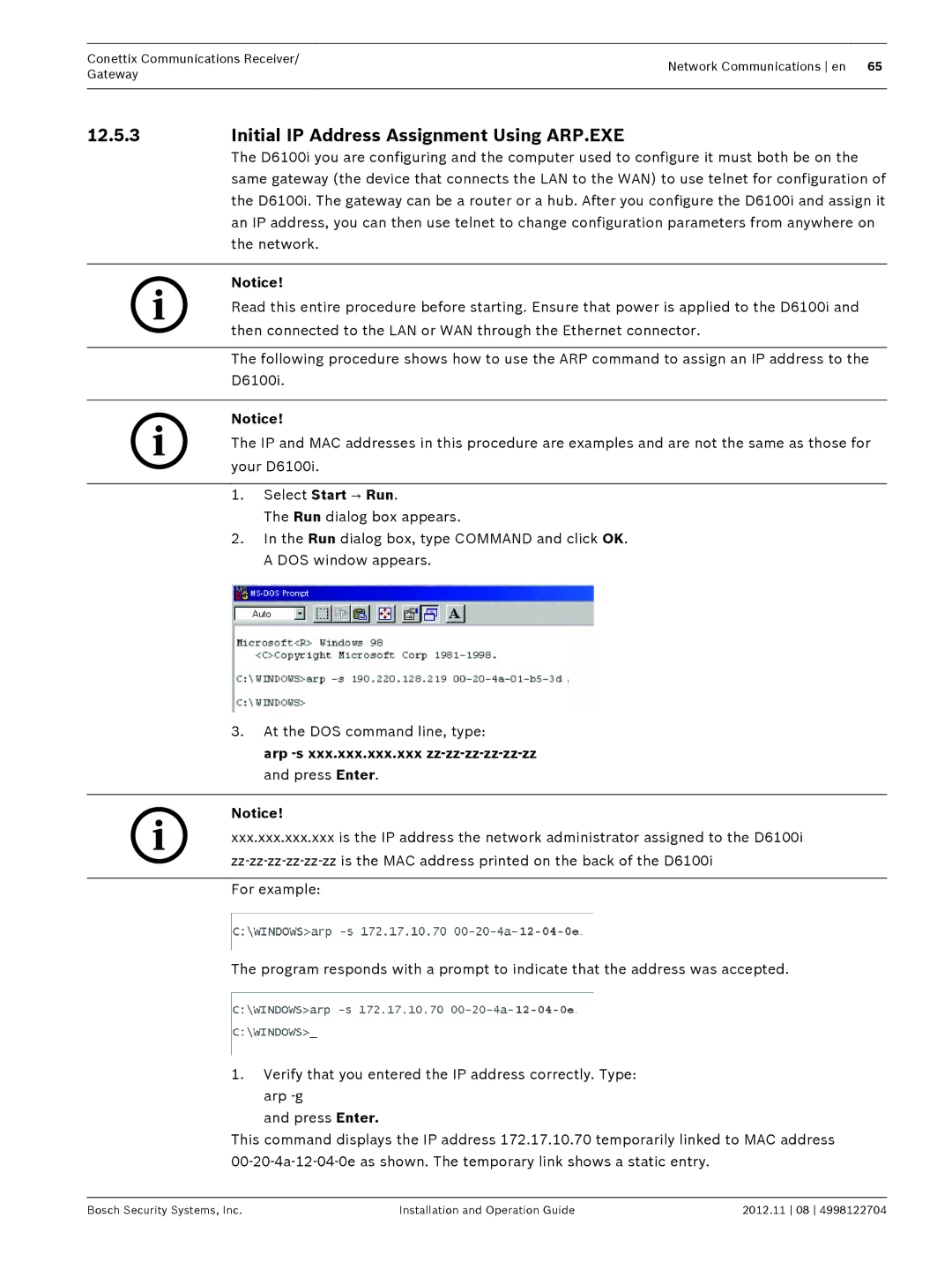 Bosch Appliances D6600 installation and operation guide Initial IP Address Assignment Using ARP.EXE, Select Start → Run 