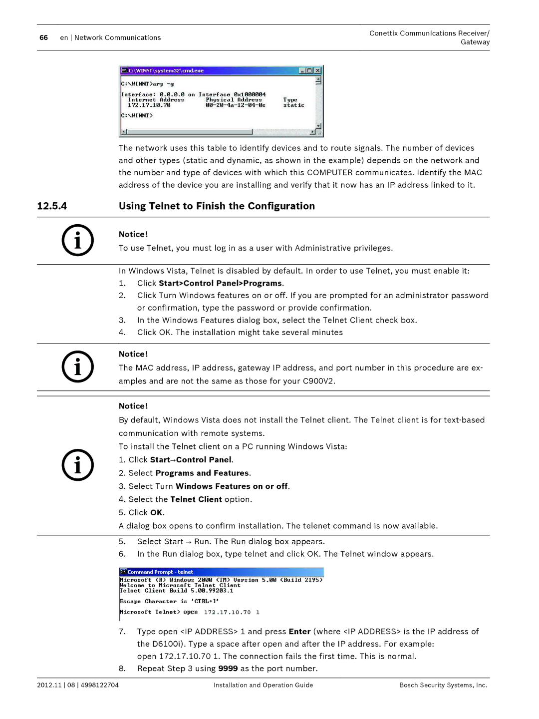 Bosch Appliances D6600 Using Telnet to Finish the Configuration, Click StartControl PanelPrograms 