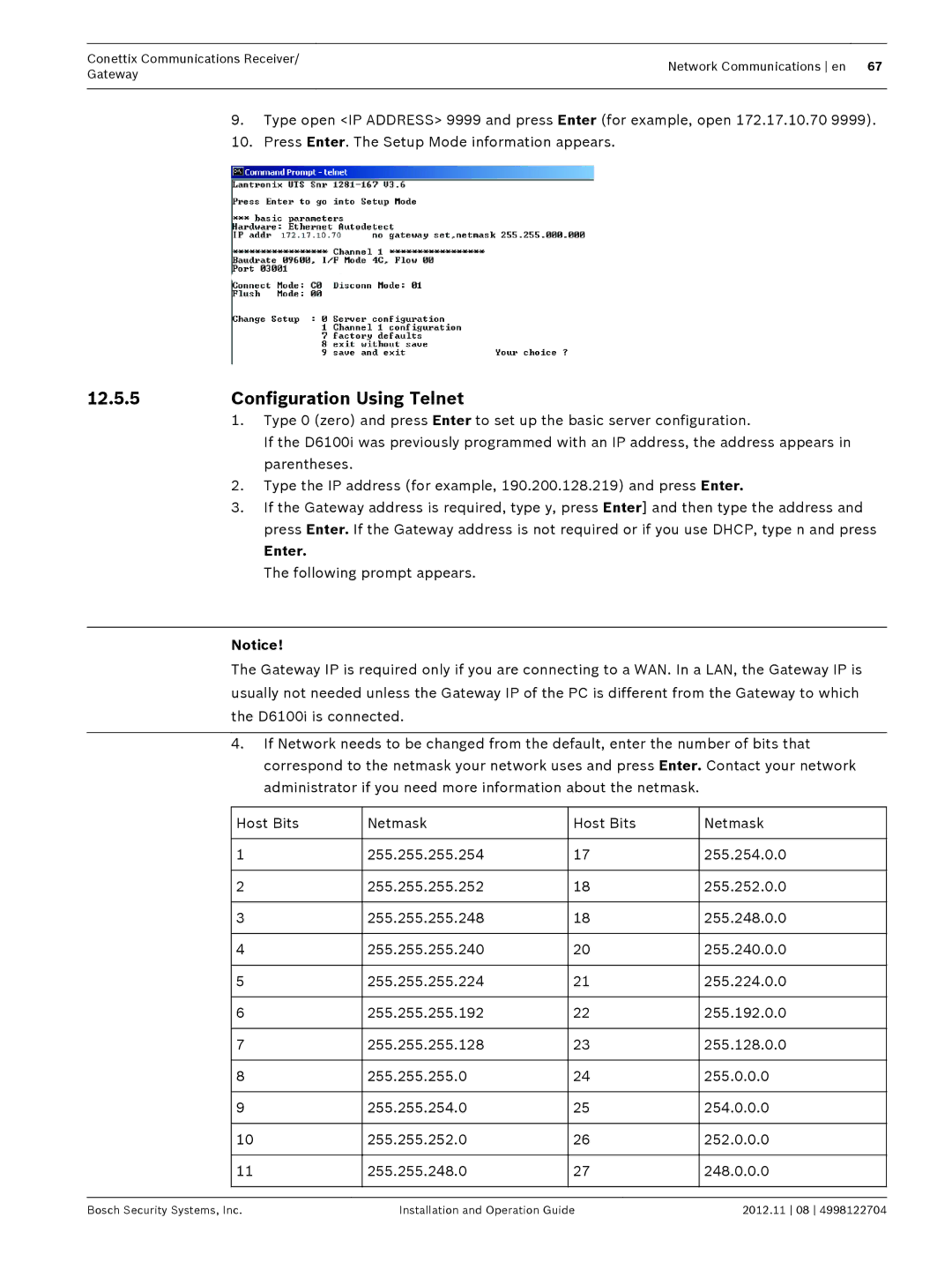 Bosch Appliances D6600 installation and operation guide Configuration Using Telnet, Enter 