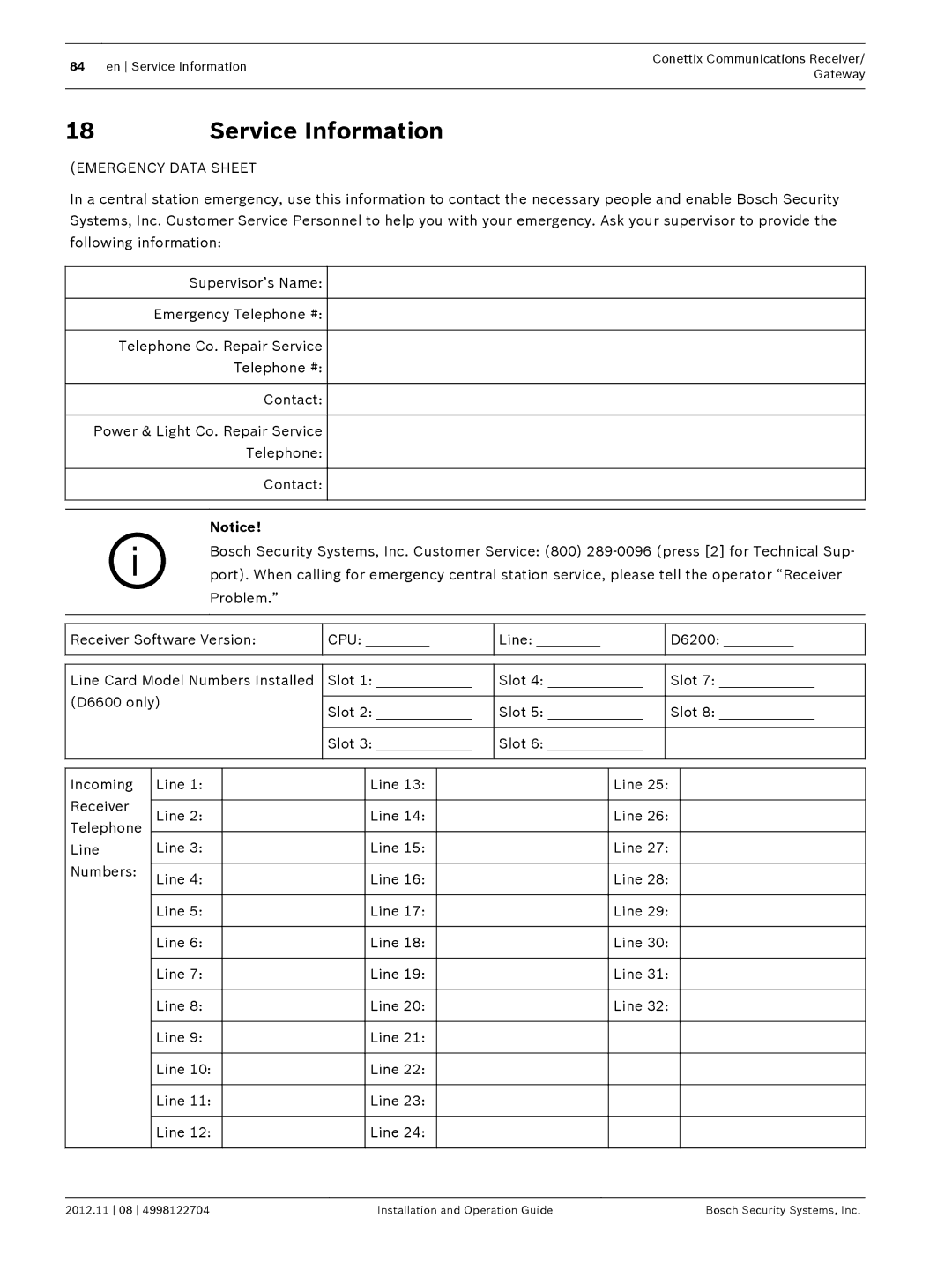 Bosch Appliances D6600 installation and operation guide Service Information, Emergency Data Sheet 