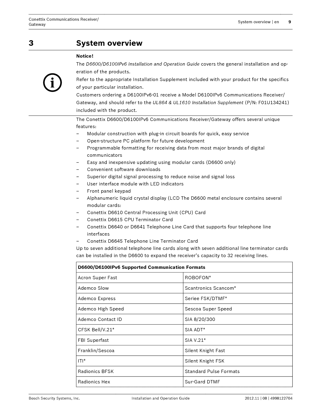 Bosch Appliances installation and operation guide 3System overview, D6600/D6100IPv6 Supported Communication Formats 