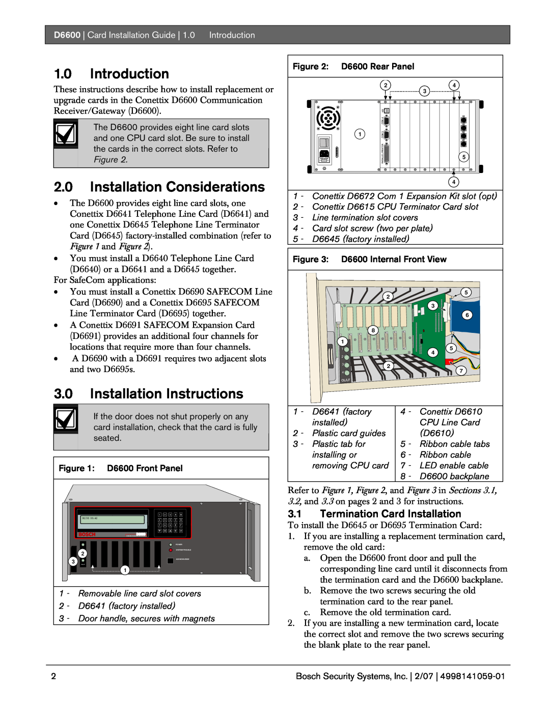 Bosch Appliances D6600 manual 3.1Termination Card Installation, 1.0Introduction, 2.0Installation Considerations 