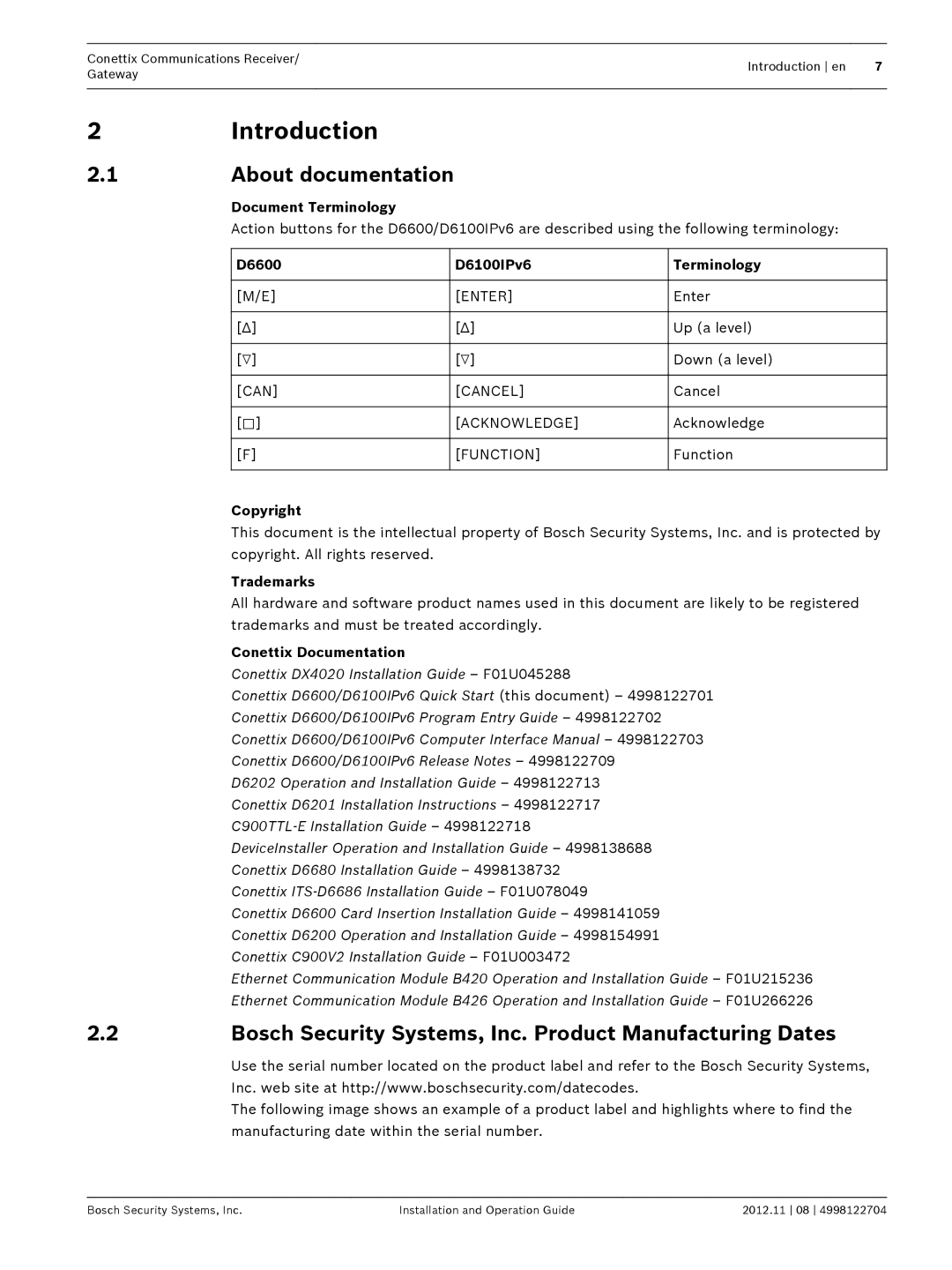 Bosch Appliances D6600 Introduction, Document Terminology, D6100IPv6, Copyright, Trademarks, Conettix Documentation 