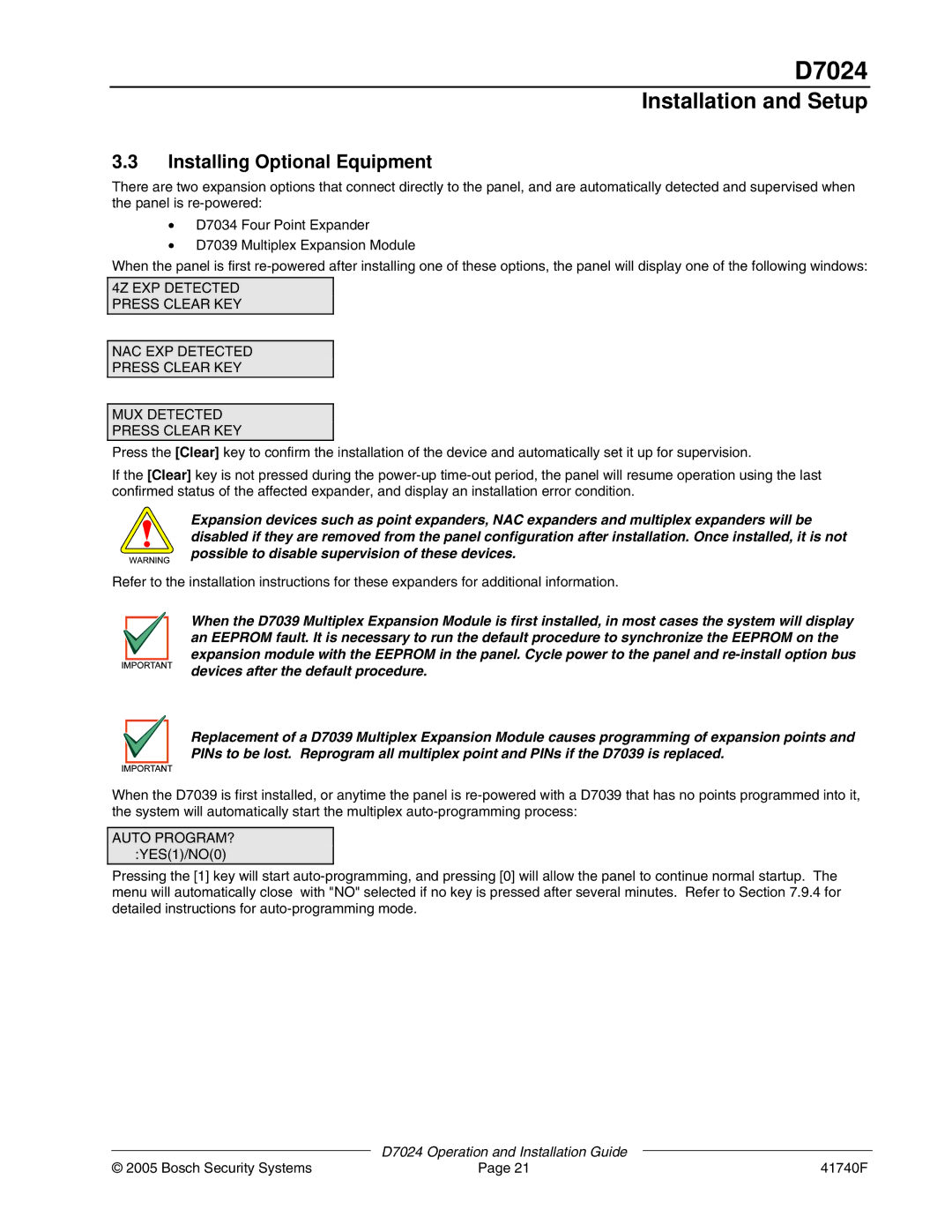 Bosch Appliances D7024 manual Installing Optional Equipment 