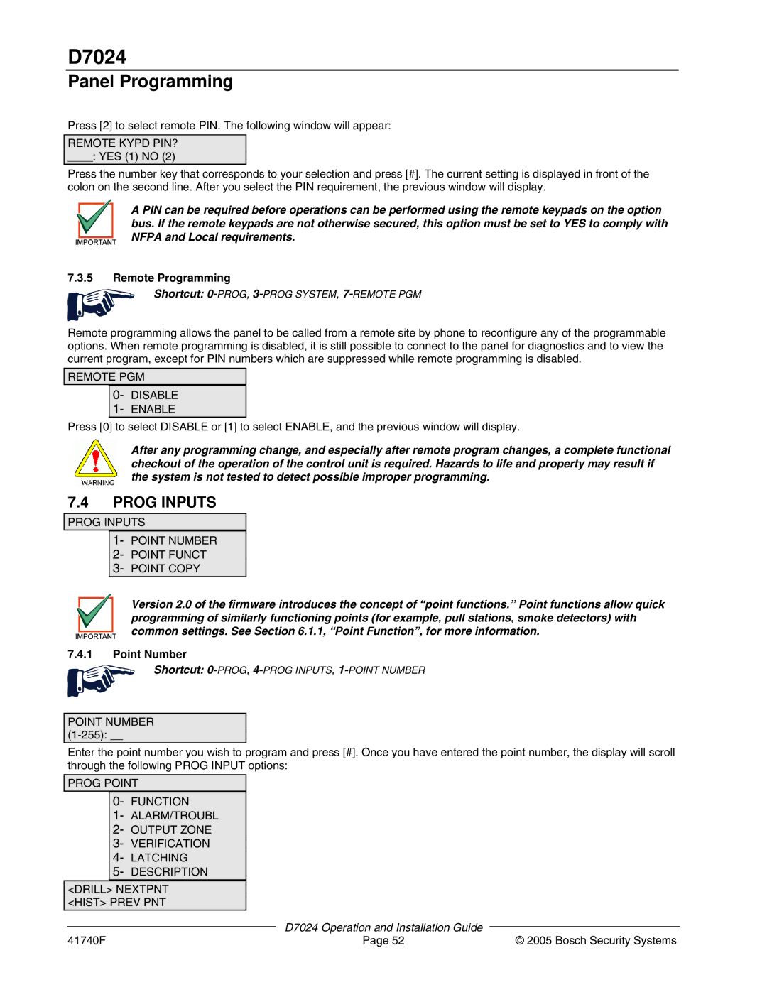 Bosch Appliances D7024 manual Remote Kypd PIN?, Remote Programming, Remote PGM Disable Enable, Point Number 