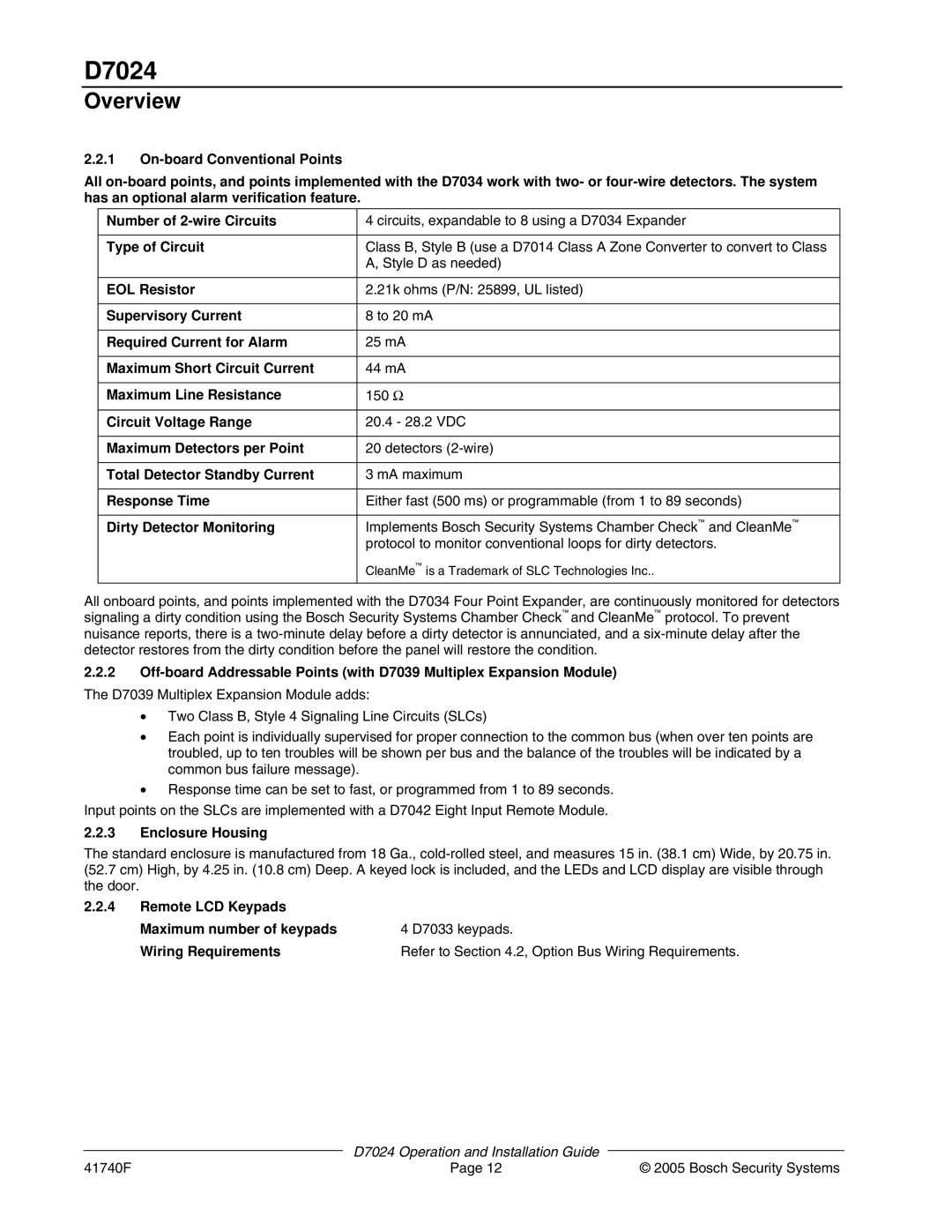 Bosch Appliances D7024 manual Type of Circuit, EOL Resistor, Supervisory Current, Required Current for Alarm, Response Time 