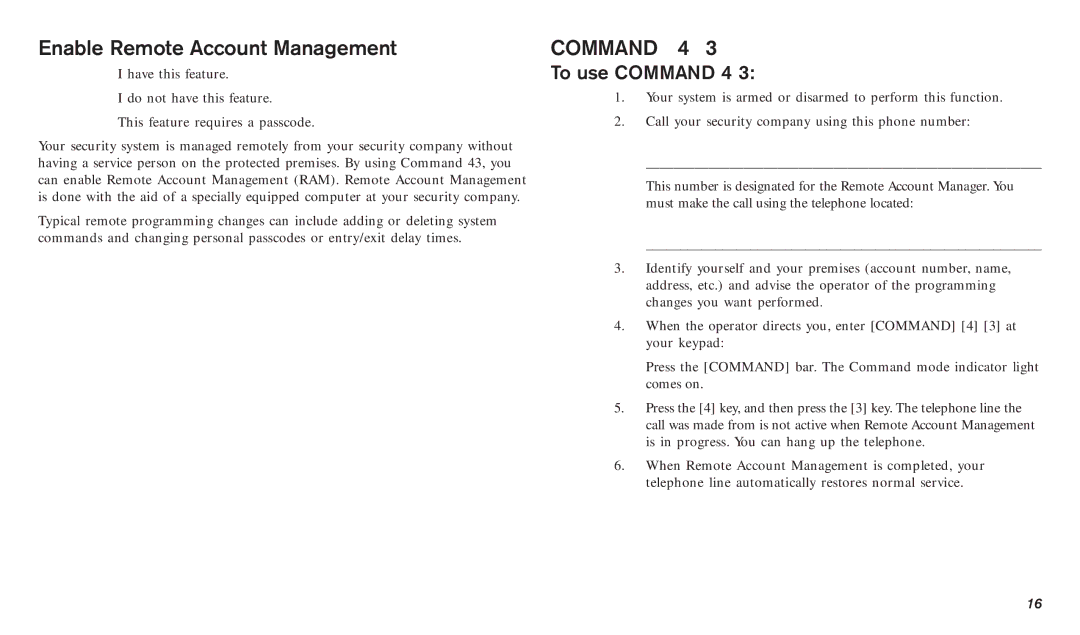 Bosch Appliances D720W, D720B manual Enable Remote Account Management, To use Command 4 