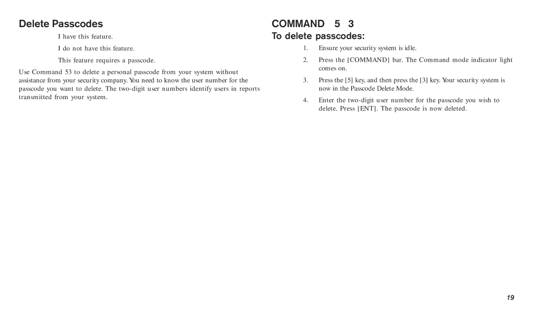 Bosch Appliances D720W, D720B manual Delete Passcodes, Command 5, To delete passcodes 