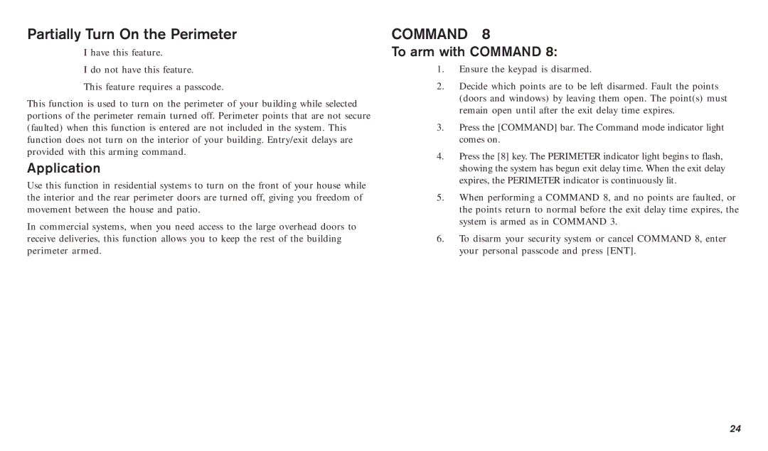 Bosch Appliances D720B, D720W manual Partially Turn On the Perimeter, To arm with Command 