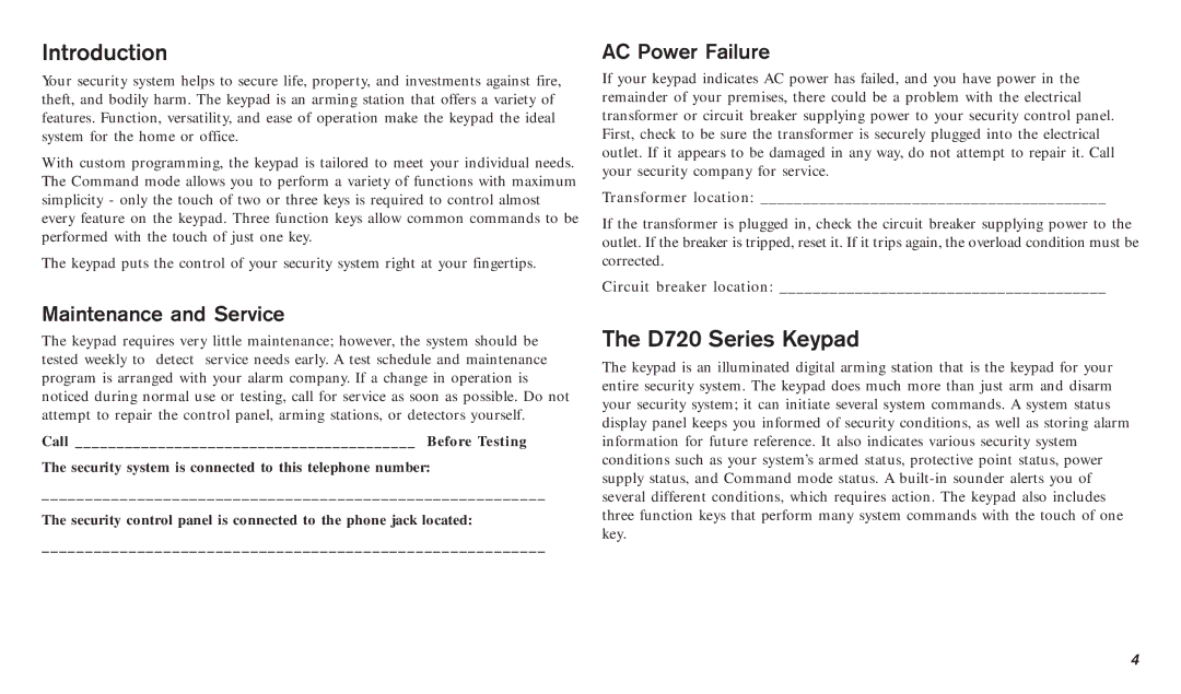 Bosch Appliances D720W, D720B manual Introduction, D720 Series Keypad, Maintenance and Service, AC Power Failure 