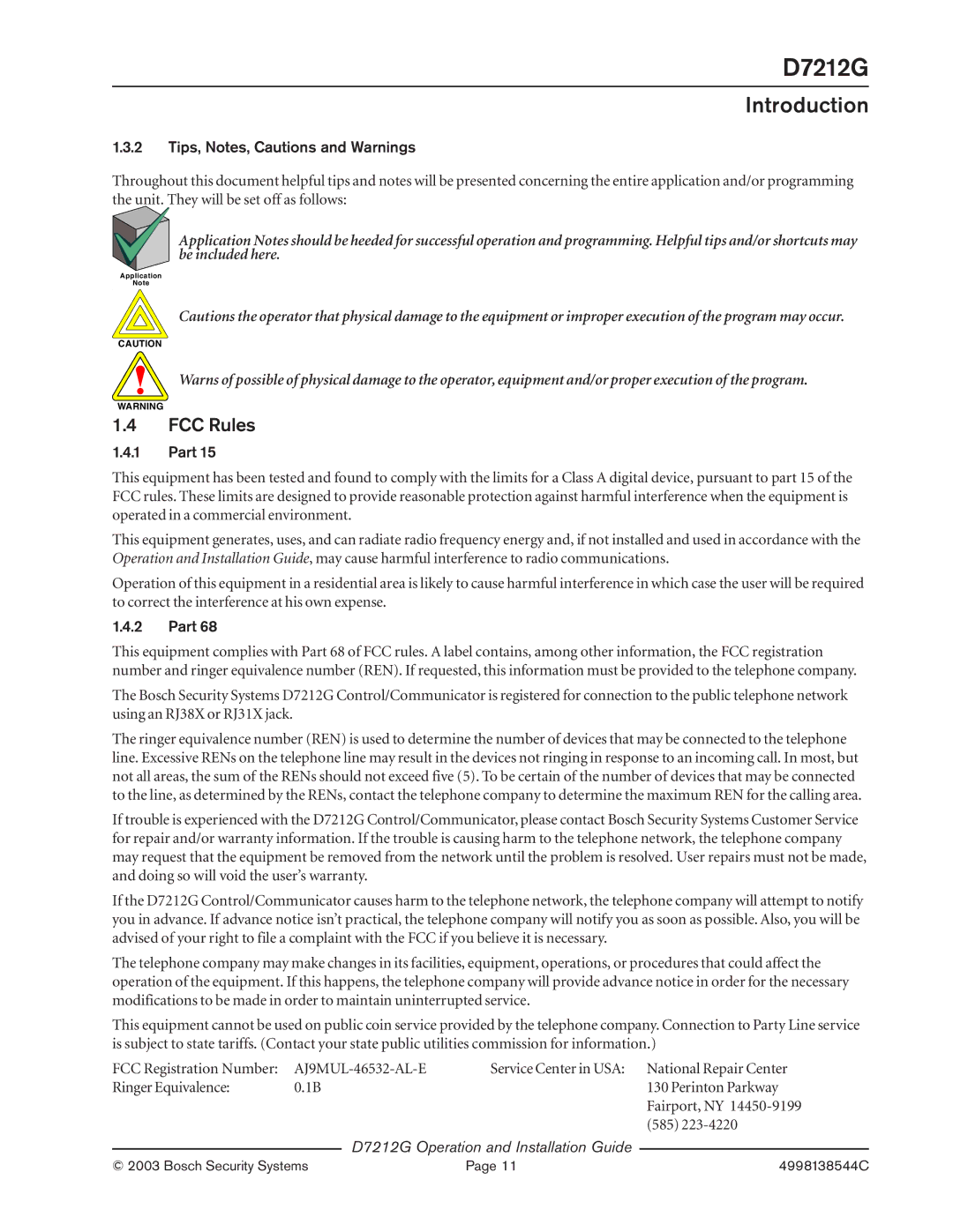 Bosch Appliances D7212G manual FCC Rules, Tips, Notes, Cautions and Warnings, Part 