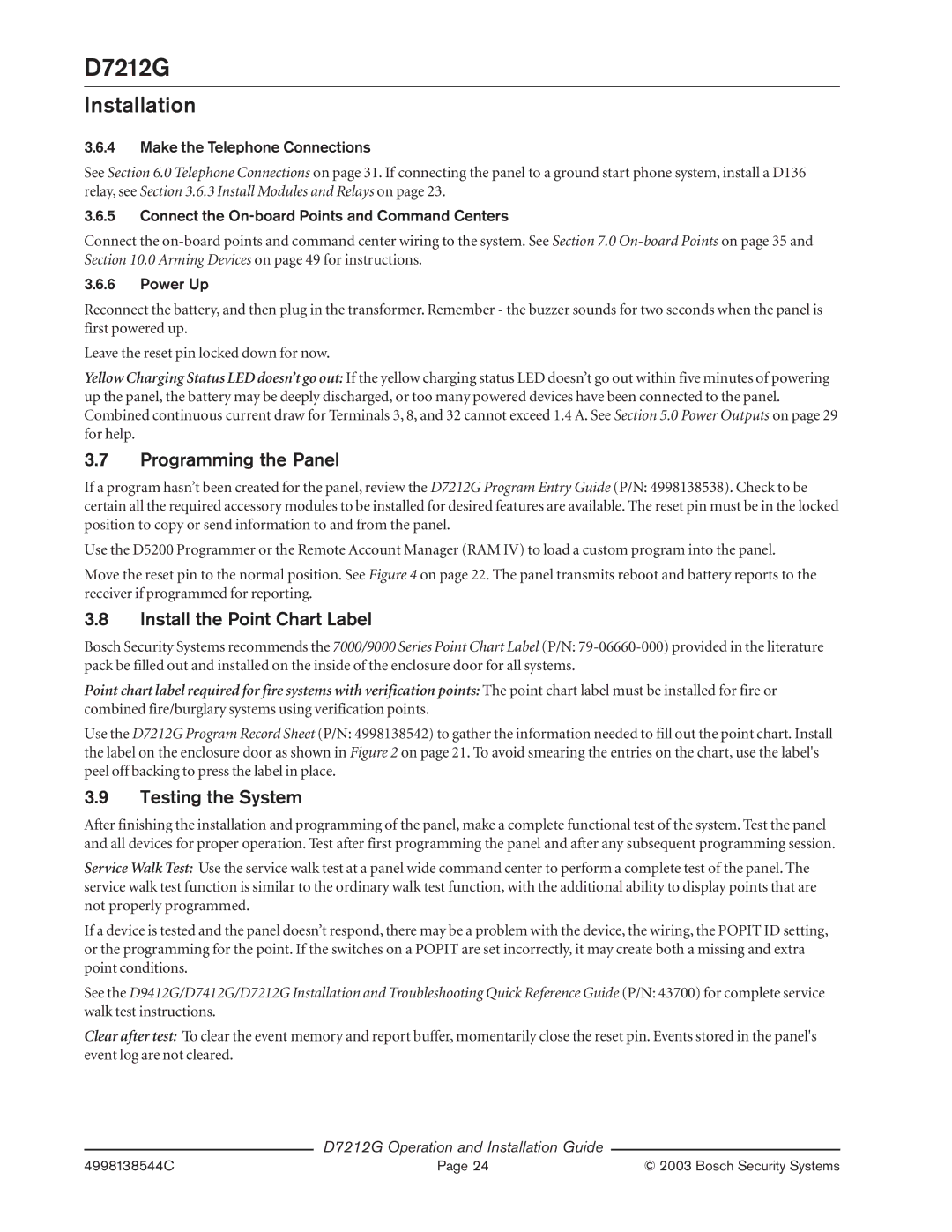 Bosch Appliances D7212G manual Programming the Panel, Install the Point Chart Label, Testing the System 