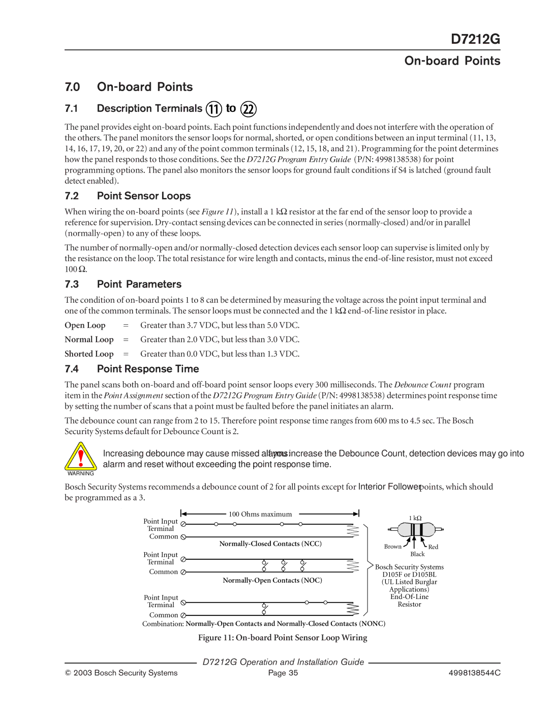 Bosch Appliances D7212G On-board Points, Description Terminals, Point Sensor Loops, Point Parameters, Point Response Time 