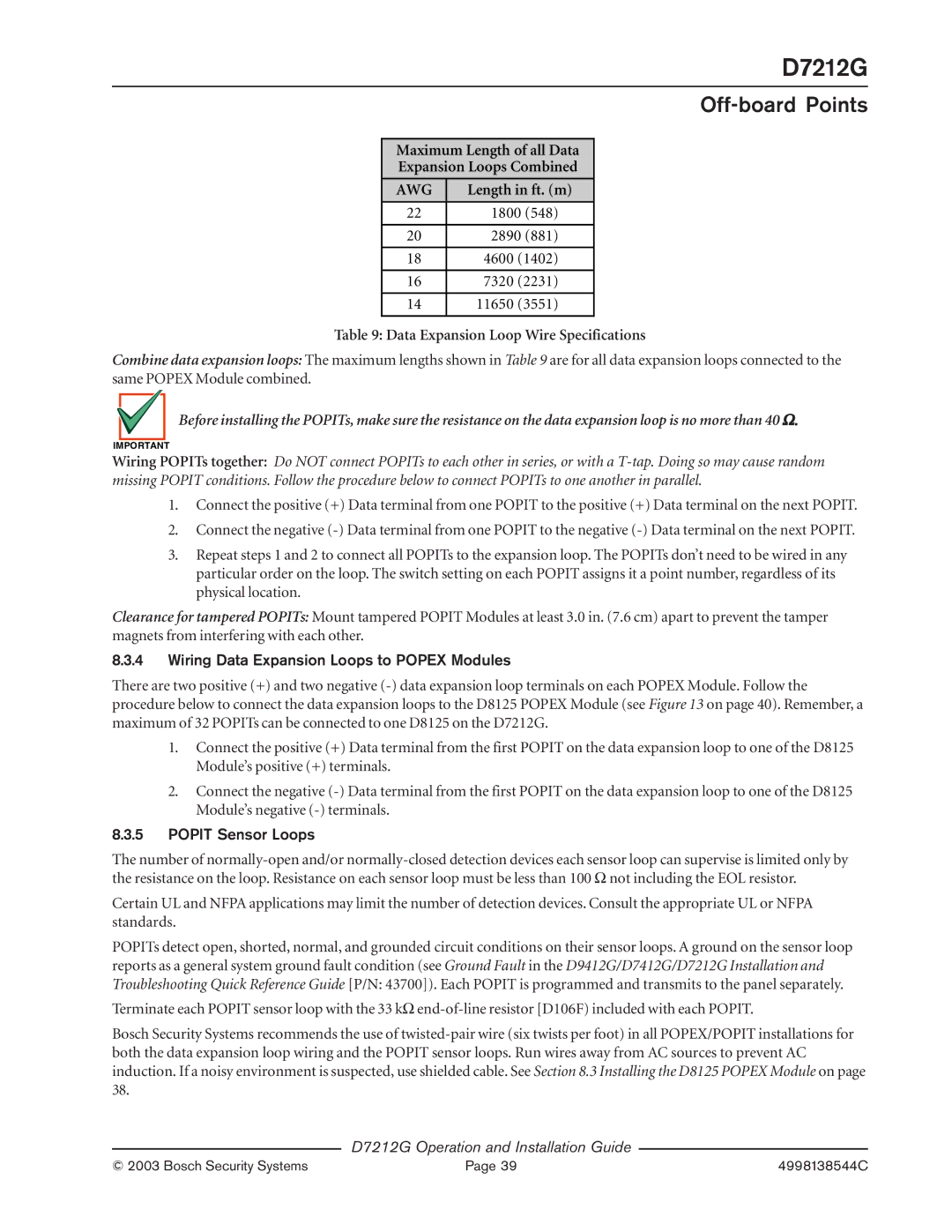 Bosch Appliances D7212G manual Expansion Loops Combined, Length in ft. m, Wiring Data Expansion Loops to Popex Modules 