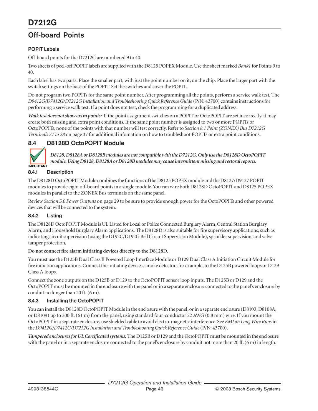 Bosch Appliances D7212G manual D8128D OctoPOPIT Module, Popit Labels, Description, Listing, Installing the OctoPOPIT 