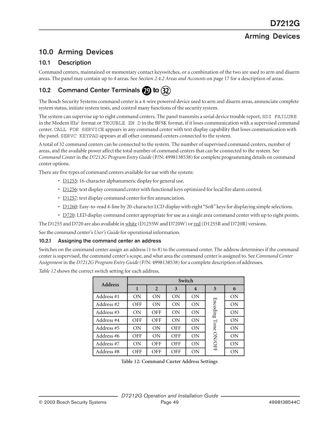 Bosch Appliances D7212G Arming Devices, Description, Command Center Terminals, Assigning the command center an address 