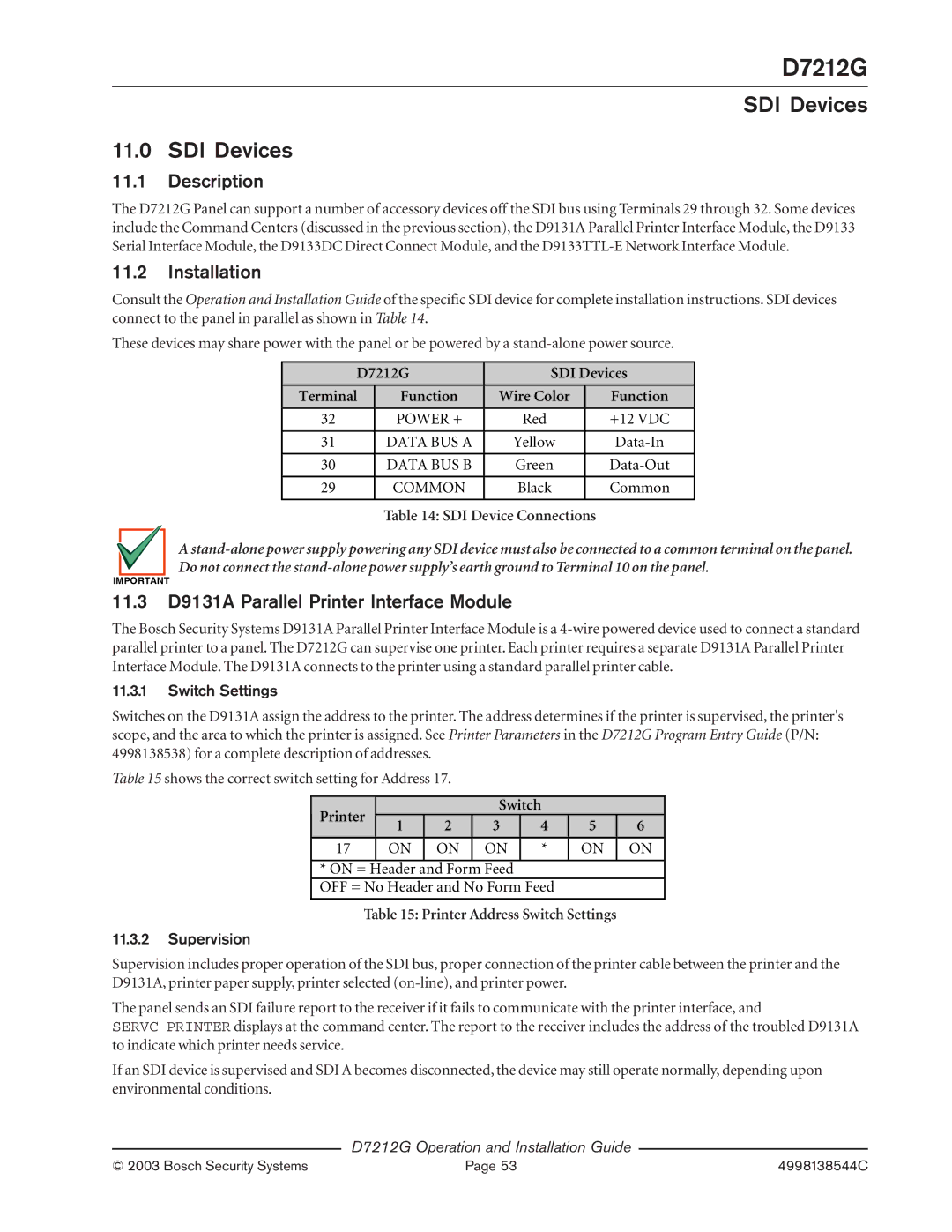 Bosch Appliances Installation, 11.3 D9131A Parallel Printer Interface Module, D7212G SDI Devices, Printer Switch 