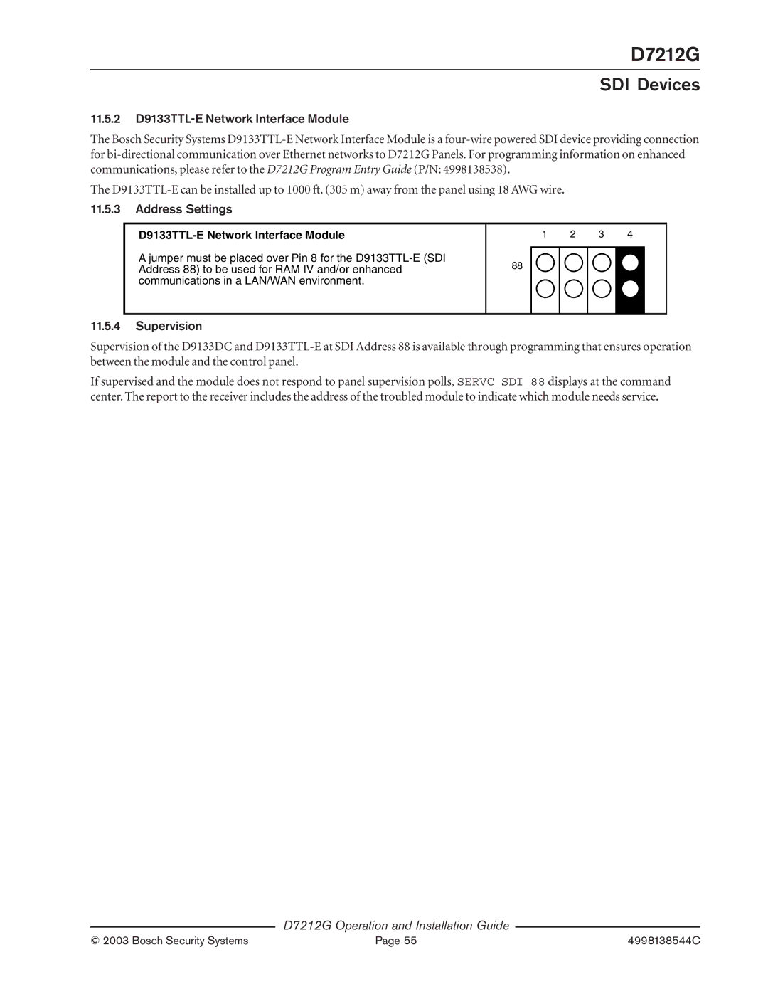 Bosch Appliances D7212G manual 11.5.2 D9133TTL-E Network Interface Module, Address Settings 