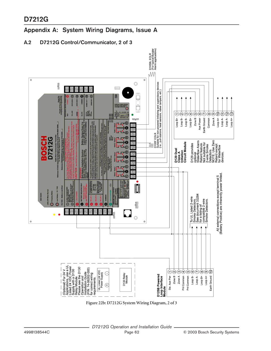 Bosch Appliances manual D7212G Control/Communicator, 2, D7212G System Wiring Diagram, 2 