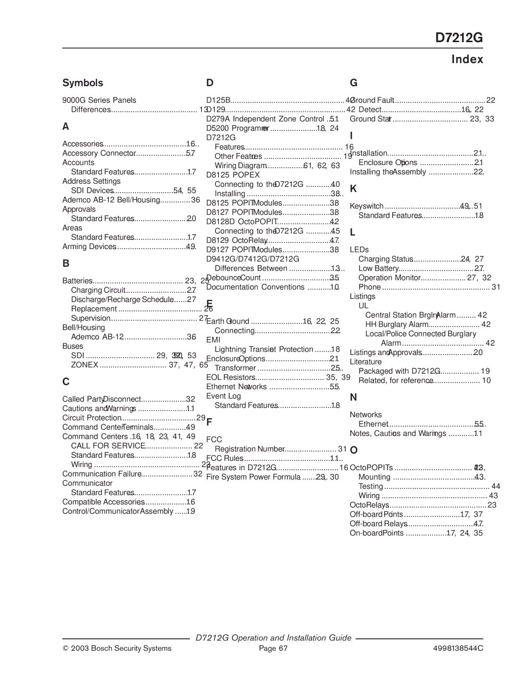 Bosch Appliances D7212G manual Index, Symbols 