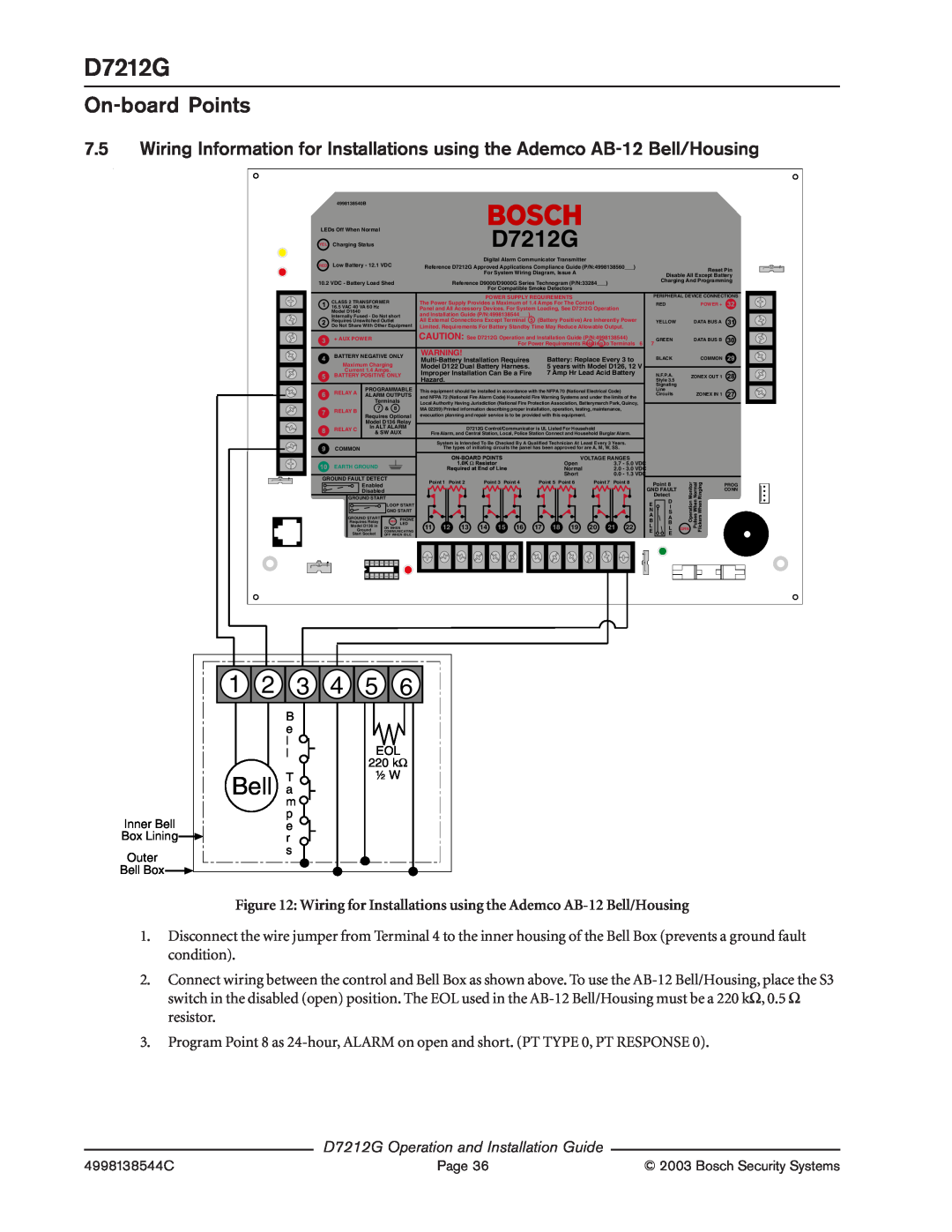 Bosch Appliances manual On-boardPoints, Bell, D7212G Operation and Installation Guide 