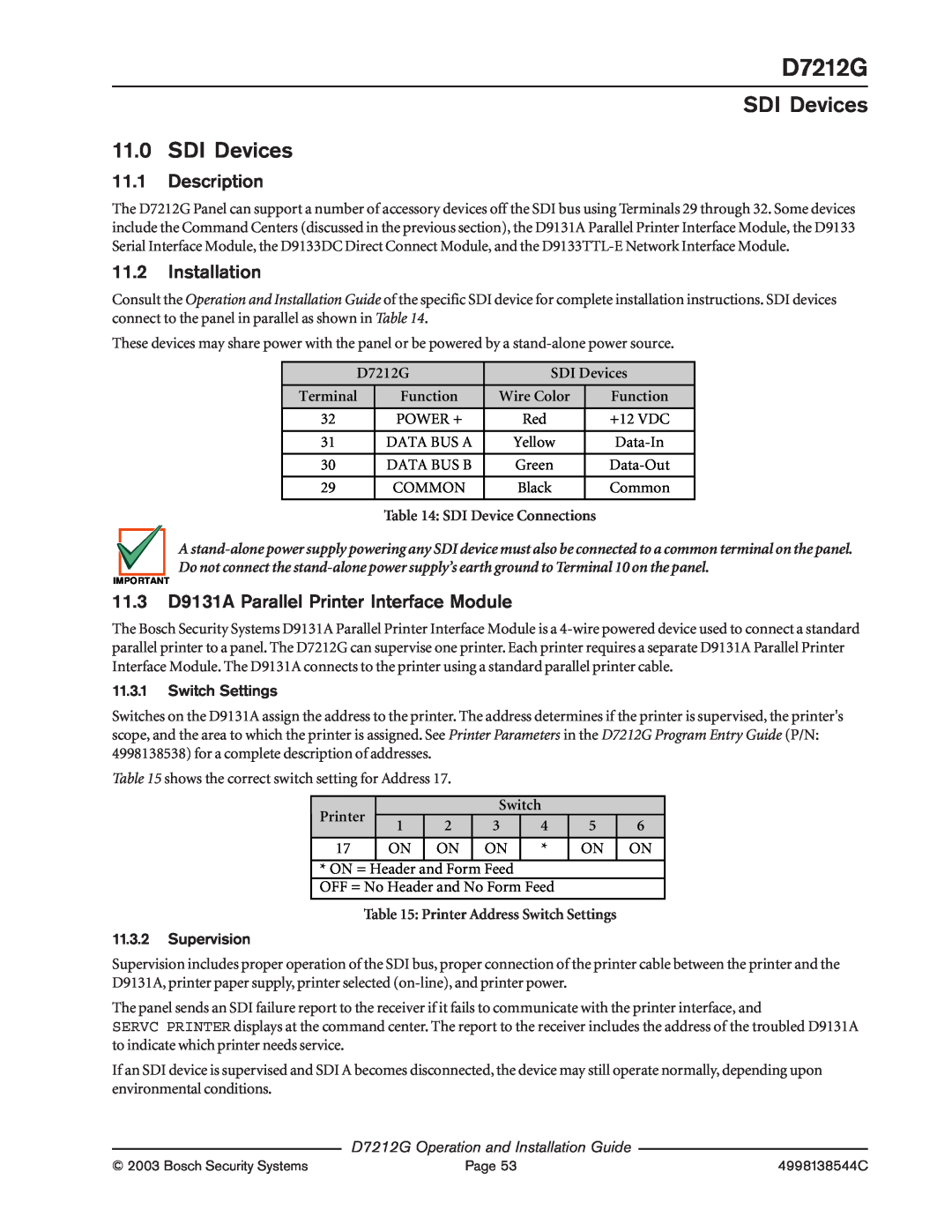 Bosch Appliances D7212G manual SDI Devices 11.0SDI Devices, 11.1Description, 11.2Installation, Printer, Function 