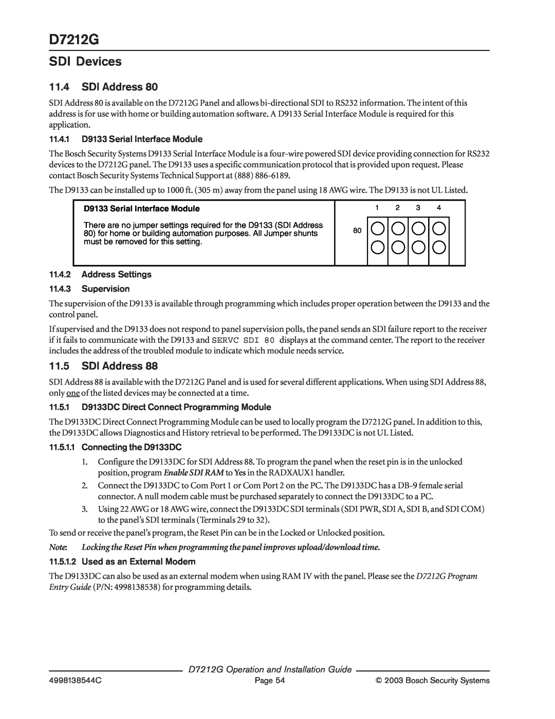 Bosch Appliances manual SDI Devices, 11.4SDI Address, 11.5SDI Address, D7212G Operation and Installation Guide 