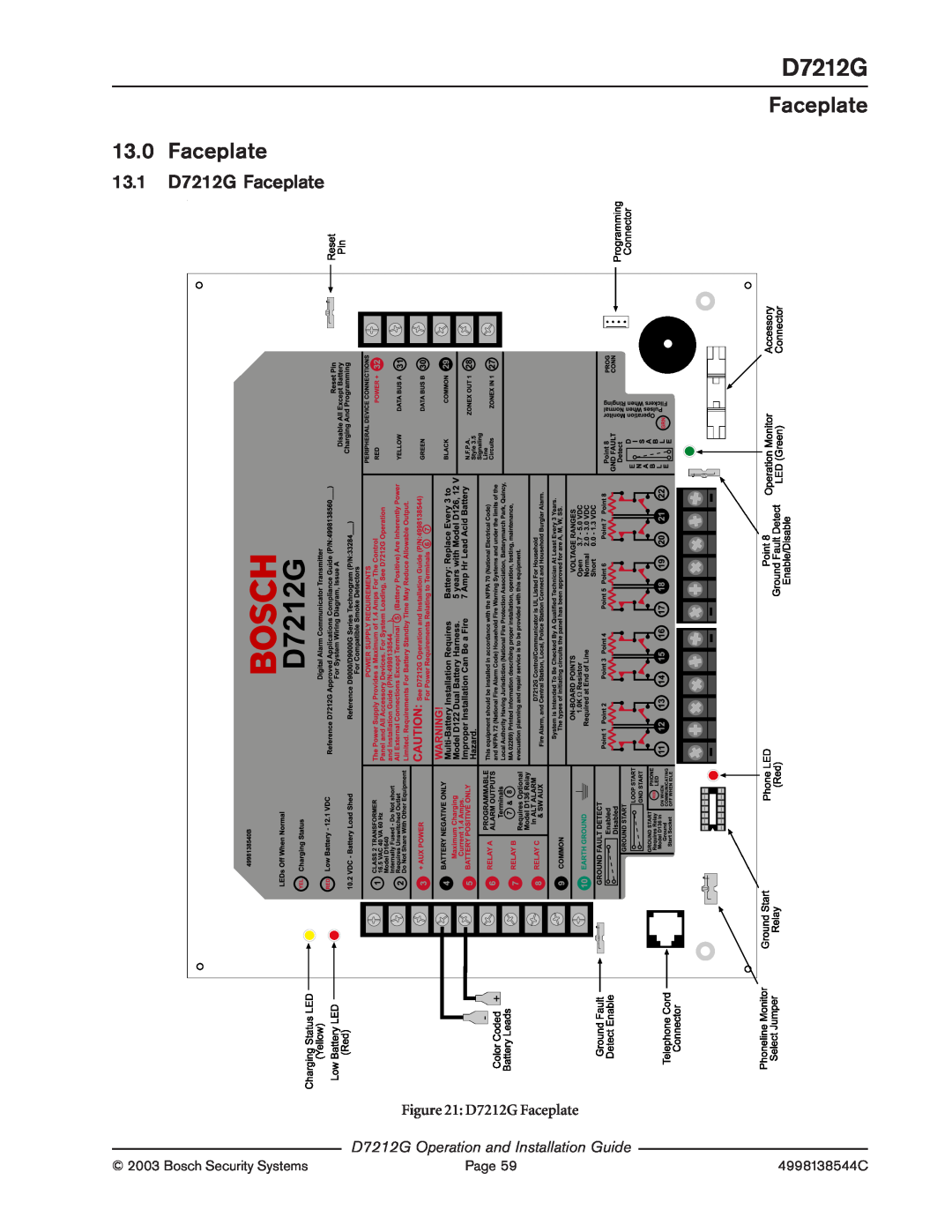 Bosch Appliances manual 13.0, 13.1, D7212G Faceplate, D7212G Operation and Installation Guide 