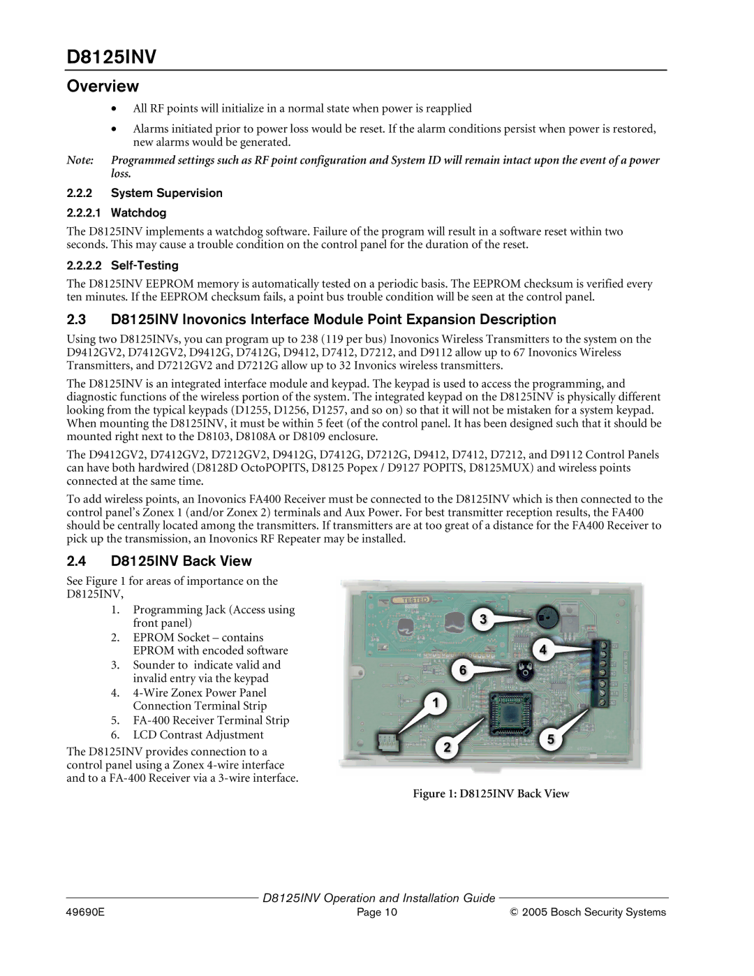 Bosch Appliances manual Overview, D8125INV Back View, System Supervision Watchdog, Self-Testing 